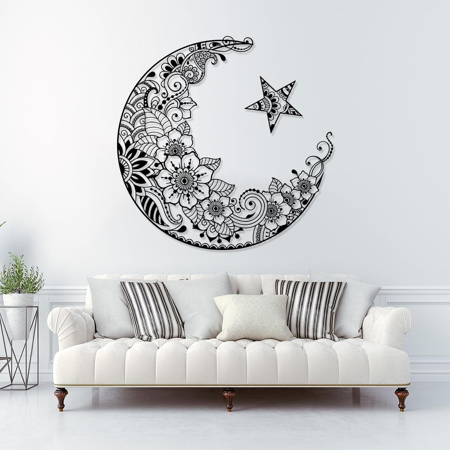 Mandala Moon Metal Wall Art, and Stars Decor, Lotus Flowers, Modern Home, Boho for Bedroom