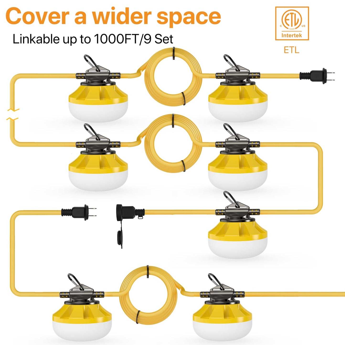 Pvilub 100FT Construction String Lights: 100W Led Construction String Lights with 10 Bulbs & Hooks, IP65 Attic Lighting 5000K Linkable Hanging Work Light for Crawlspace, Basement, Backyard