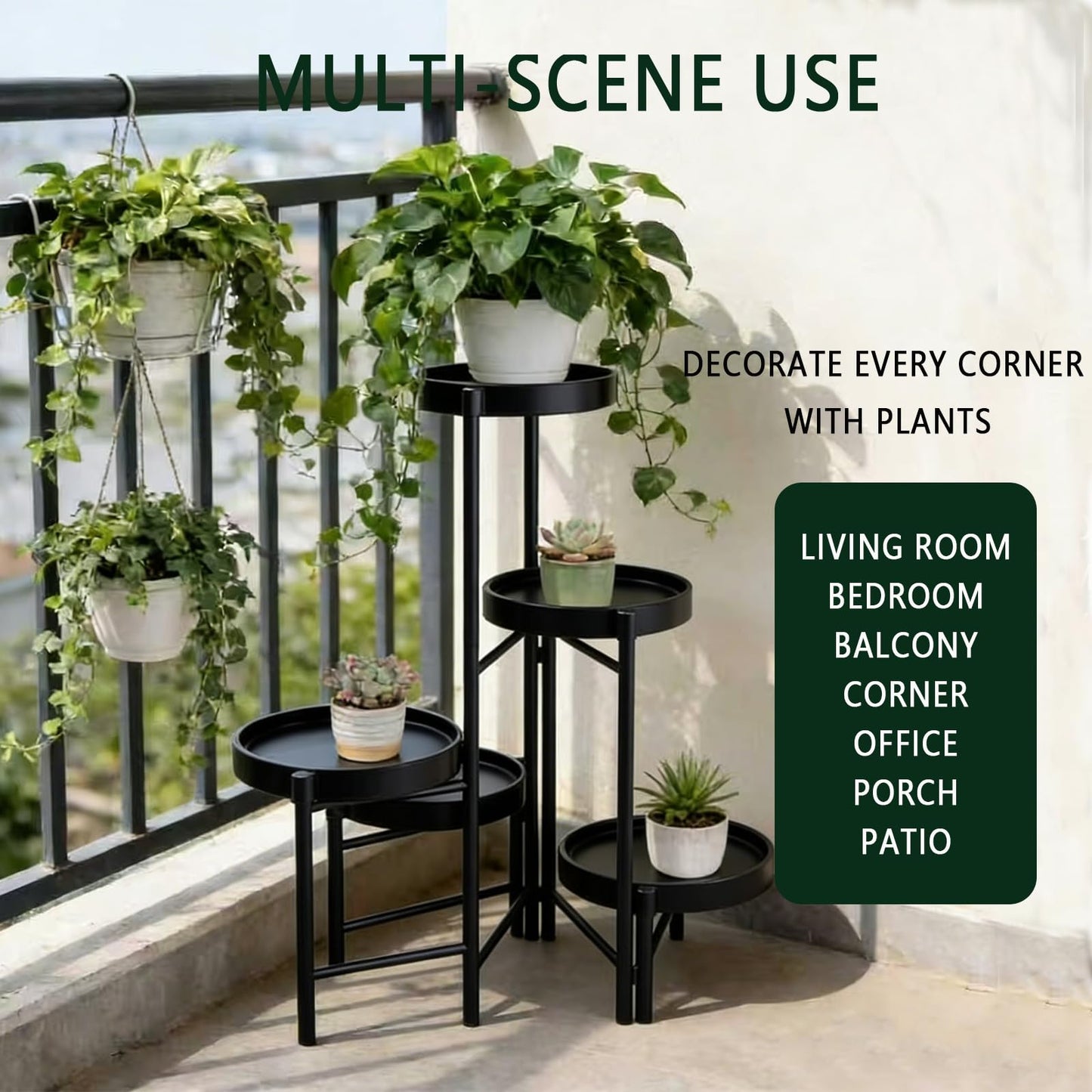 CNHZ FLOURISH Plant Stand Indoor Outdoor, 5 Tier Corner Plant Shelf, Folding Metal Plant Stand for Living Room Office Garden Patio Balcony Black