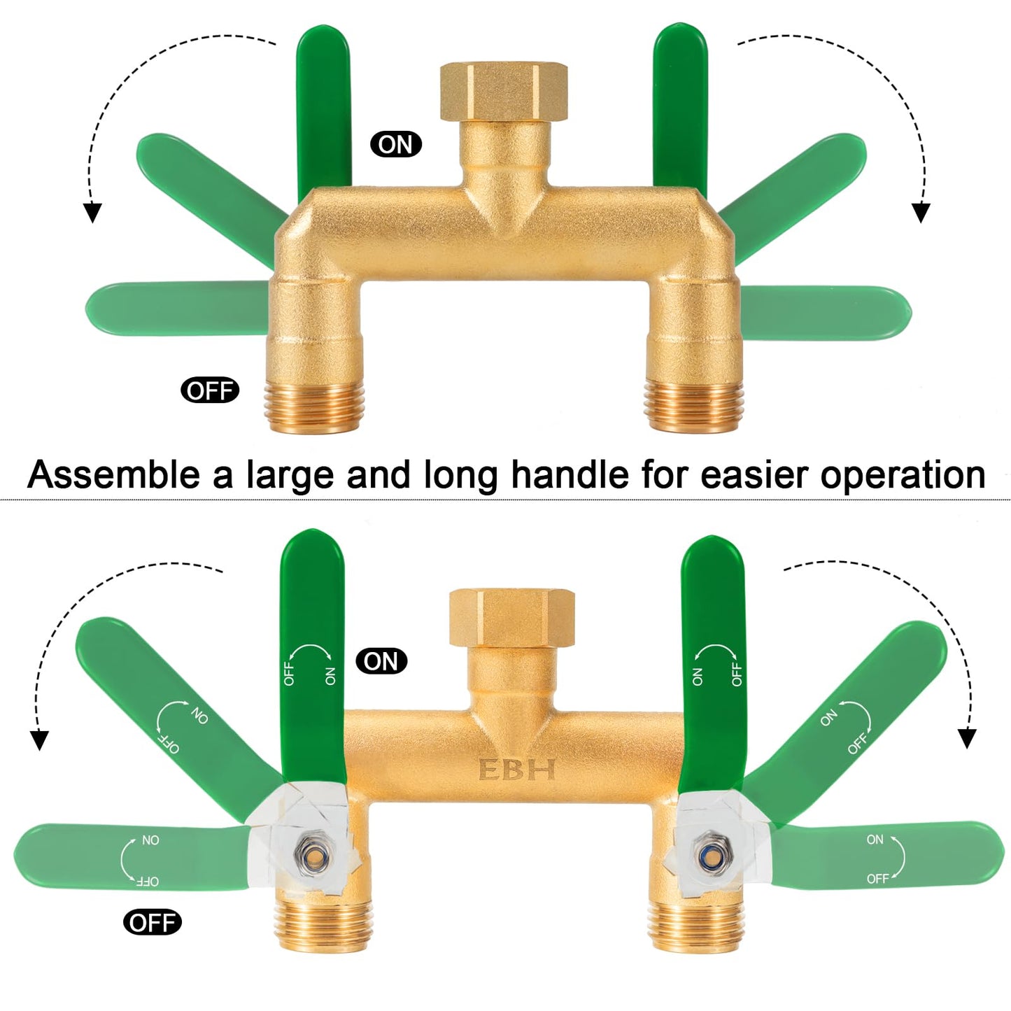 EBH Garden Hose Splitter, 2-Way High Flow Heavy Duty Brass Outdoor Hose Manifold with Extra Long Handles Full Flow Faucet Adapter- 3/4” GHT(Green)