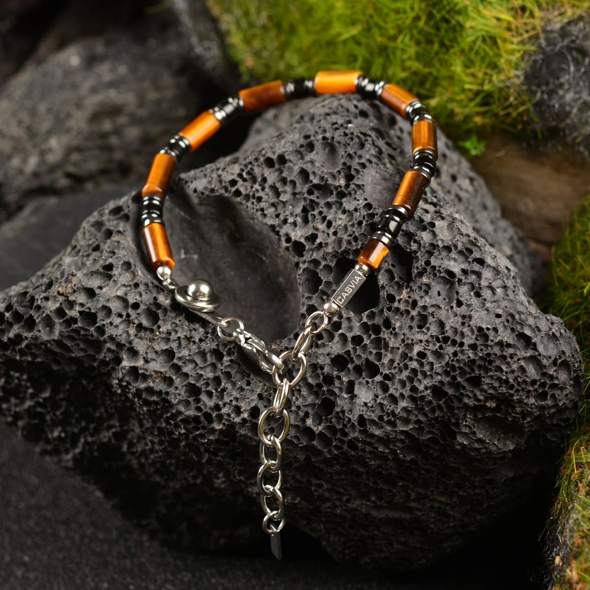 Casvia Men’s Beaded Tiger Eye Gemstone Bracelet - Handcrafted Original Design, Hematite & Obsidian Accents, Adjustable Stainless Steel Dual-Clasp, Thickened Steel Wire, 6.89–8.8 Inch, Gift for Men