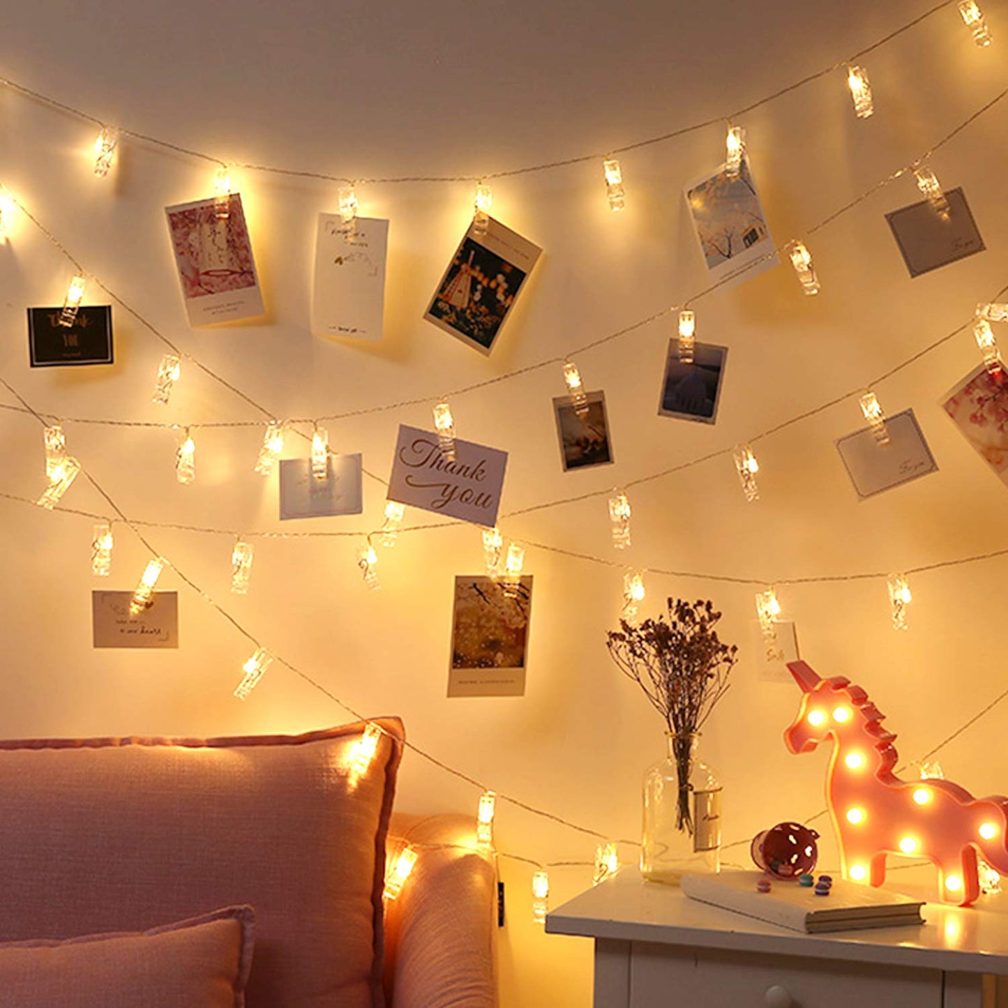 Photo Clip String Lights 17Ft - 50 LED Fairy String Lights with 50 Clear Clips for Hanging Pictures, Christmas Party Birthday Decoration - Perfect Dorm Bedroom Wall Decor Wedding Decorations