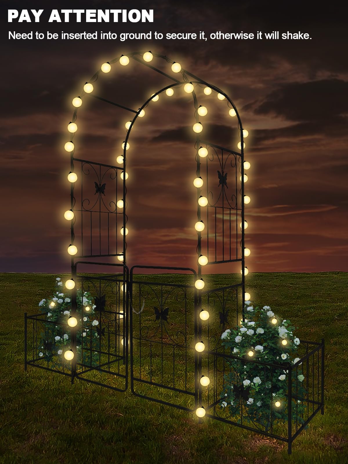 Kalolary Garden Arch with Gate and Plant Box, Heavy Duty Metal Butterfly Garden Arbor for Climbing Plant Raised Bed Rose Vines Climbing Support for Lawn Backyard Patio Outdoor Decor (86.6"x79.8"x20")