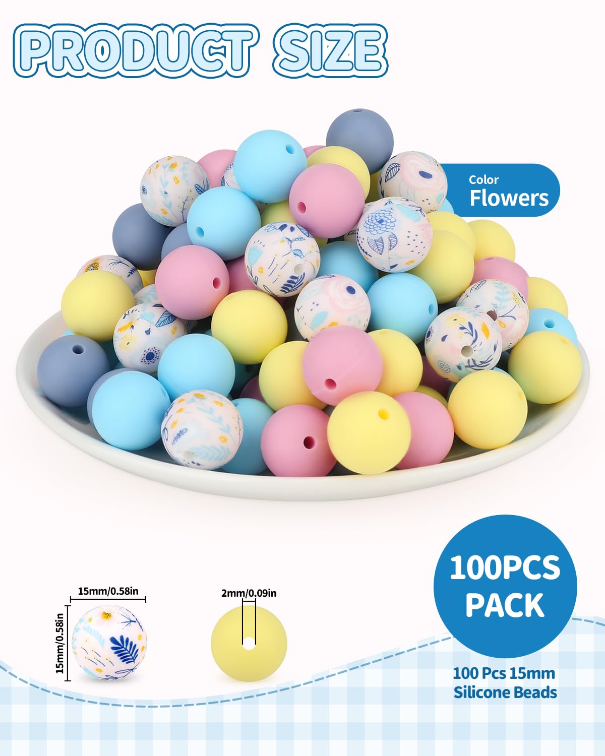 SALUOKE 100 Pcs 15mm Silicone Beads for Keychain Making, Flowers Silicone Beads Bulk Round for Bracelets Pens Crafts Jewelry Making (Flowers)