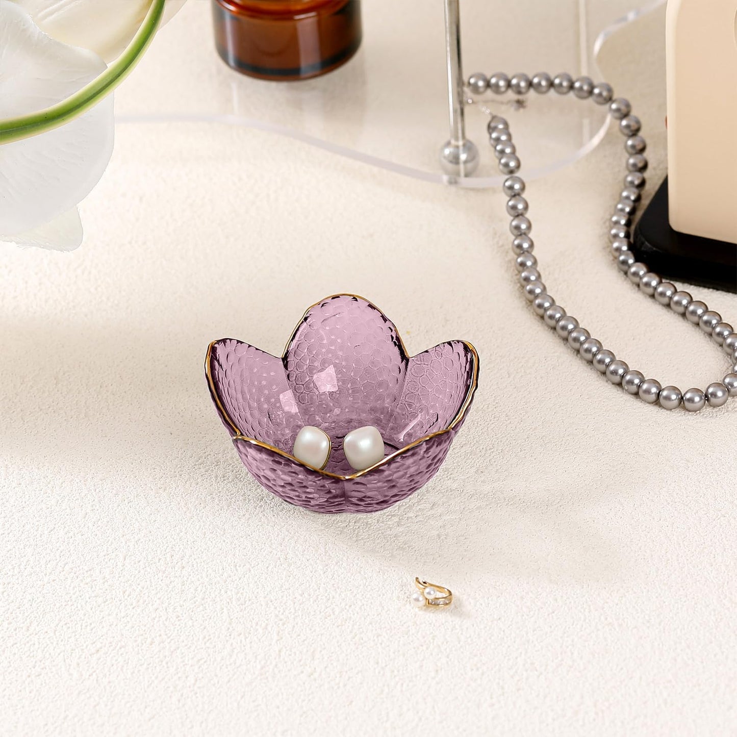 Purple Flower Jewelry Dish Glass Ring Holder Dish Jewelry Tray Cute Vanity Organizer Aesthetic Nightstand Bathroom Room Decor Trinket Dish Mothers Day Friendship Christmas Birthday Gifts for Women