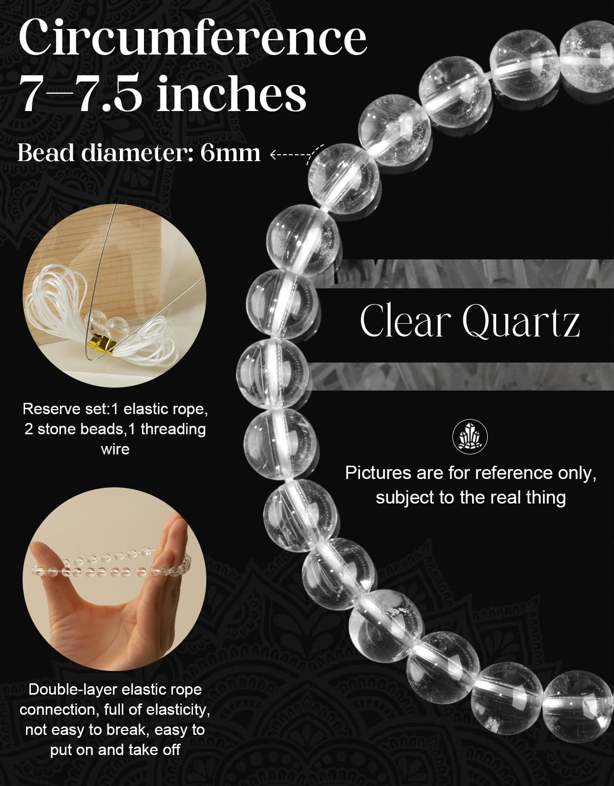 Landorilo Beaded Bracelet for Men Women, 6mm Natural Stone Clear Quartz Healing Crystal Stretch Bracelets, Ideal Christmas Birthday Jewelry Gifts with Energy Card，Replacement Beads Included