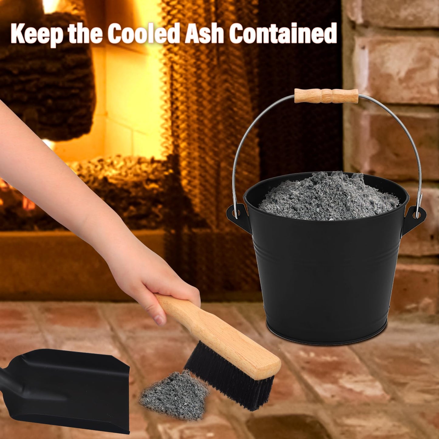 FEED GARDEN Fireplace Tools Set, 1.5 Gallon Mini Ash Bucket with Lid, Shovel, Heat-Resistant Brush & Screwdriver, Heavy Duty Galvanized Iron Ash Cleaning Tool Set, Compact 7.5" x 8.8" x 6.4”, Black