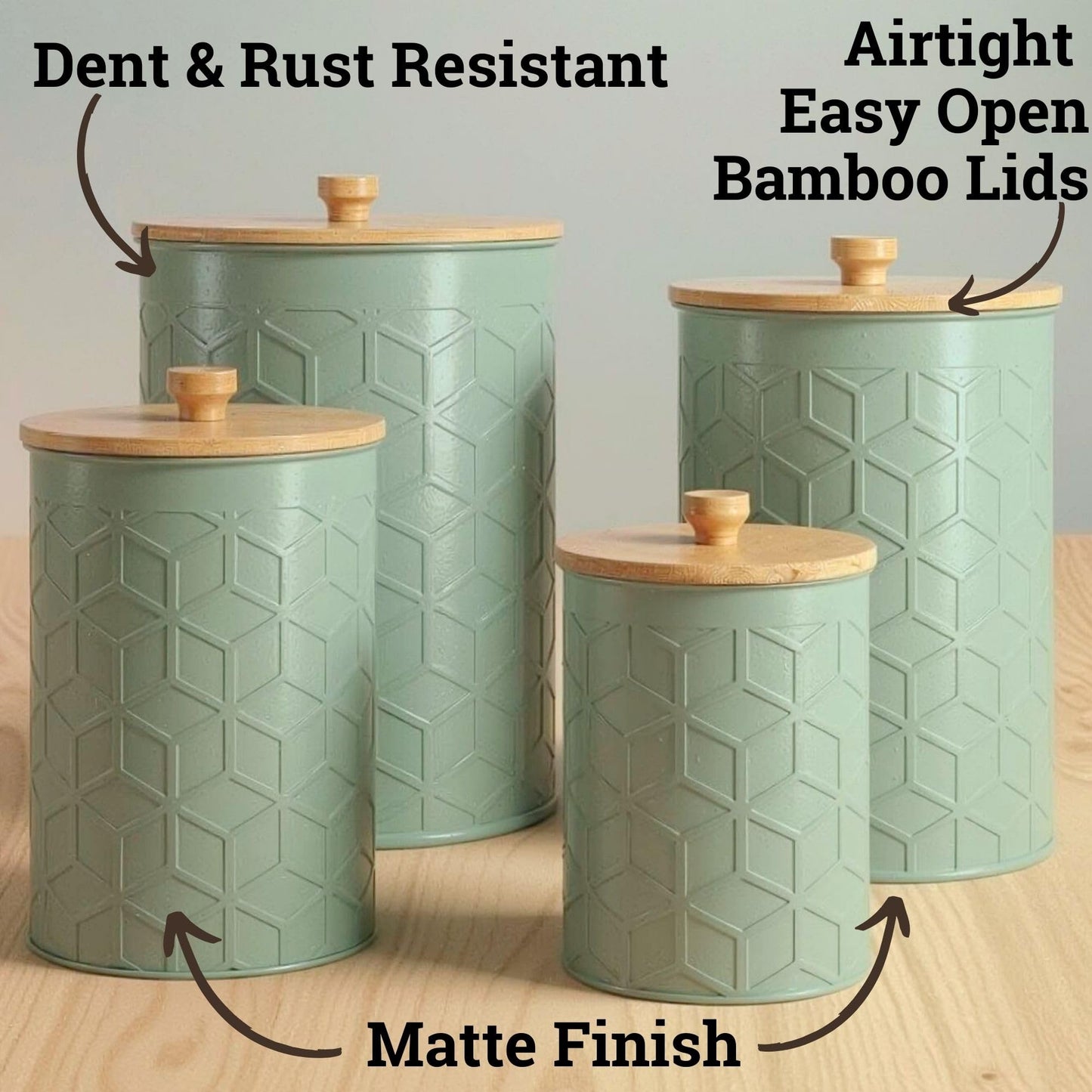 Kitchen Canisters for Countertop Set of 4 - Textured Iron Kitchen Canisters with Airtight Lids - Flour Sugar Canister Set - Flour and Sugar Containers Farmhouse - Coffee Jar for Counter - Sage Jar x4