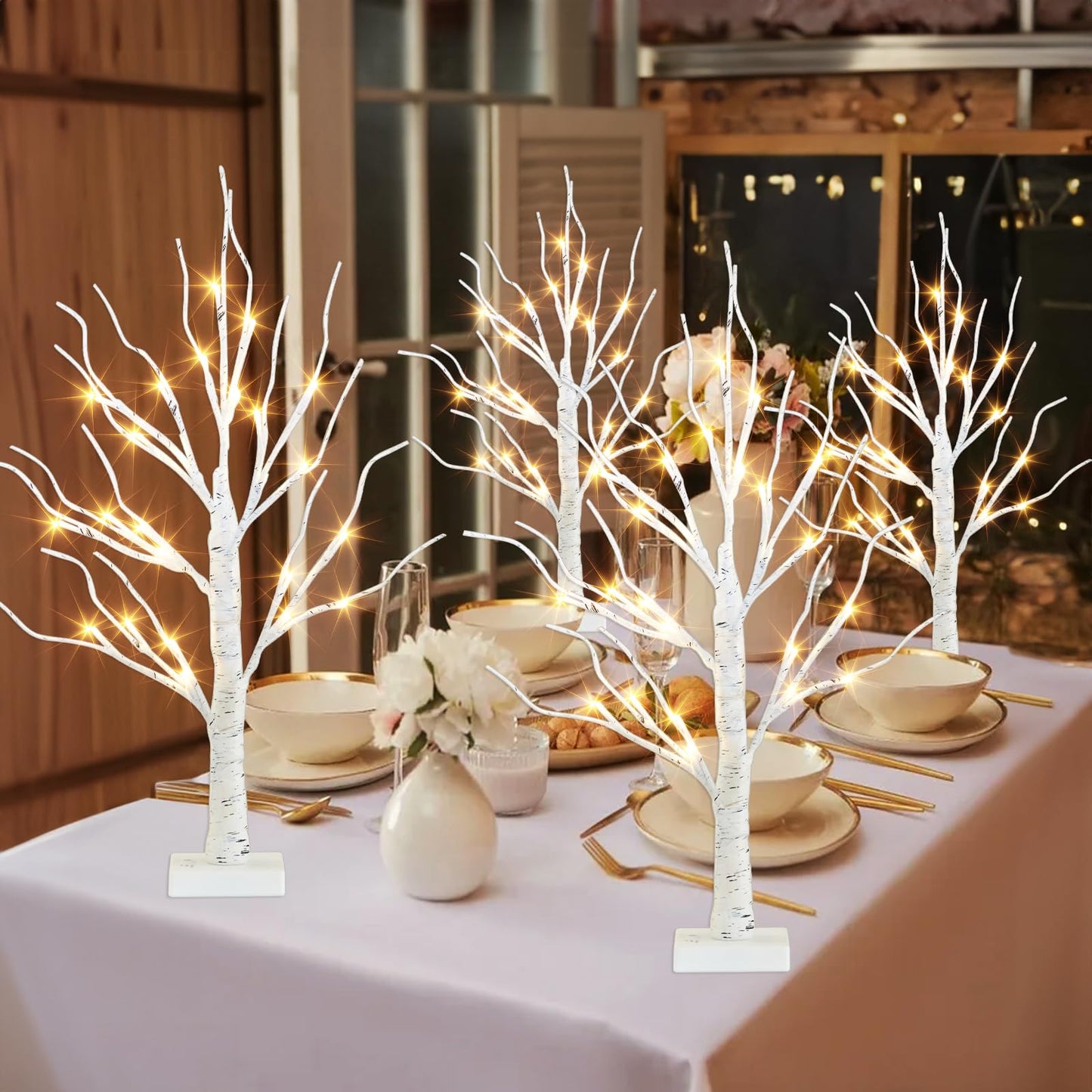 PEIDUO Christmas Decorations for The Home, 2FT BirchTree with LED Lights, Warm White Tree Lamp, Fairy Light Spirit Tree for Room Inside Fireplace Home Decor, Battery Powered, Timer (4PK)