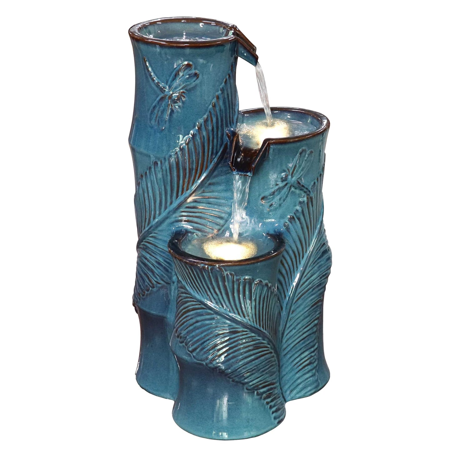 Autodaya Ceramic Outdoor Water Fountain with LED Lights, 25.5" H 3-Tier Bamboo-Style Water Feature with Tropical Leaf & Dragonfly Texture, Soothing Cascading Waterfall for Garden Patio Yard Oasis
