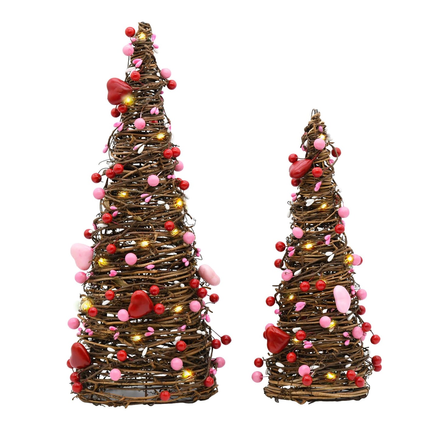CRCZK Valentines Day Rattan Table Tree Decor with Lights Valentines Day Decorations 2Pack Lighted Tree with Red Heart&Berries Pink Table Centerpieces Valentine's Day Decorations Indoor Party Gifts
