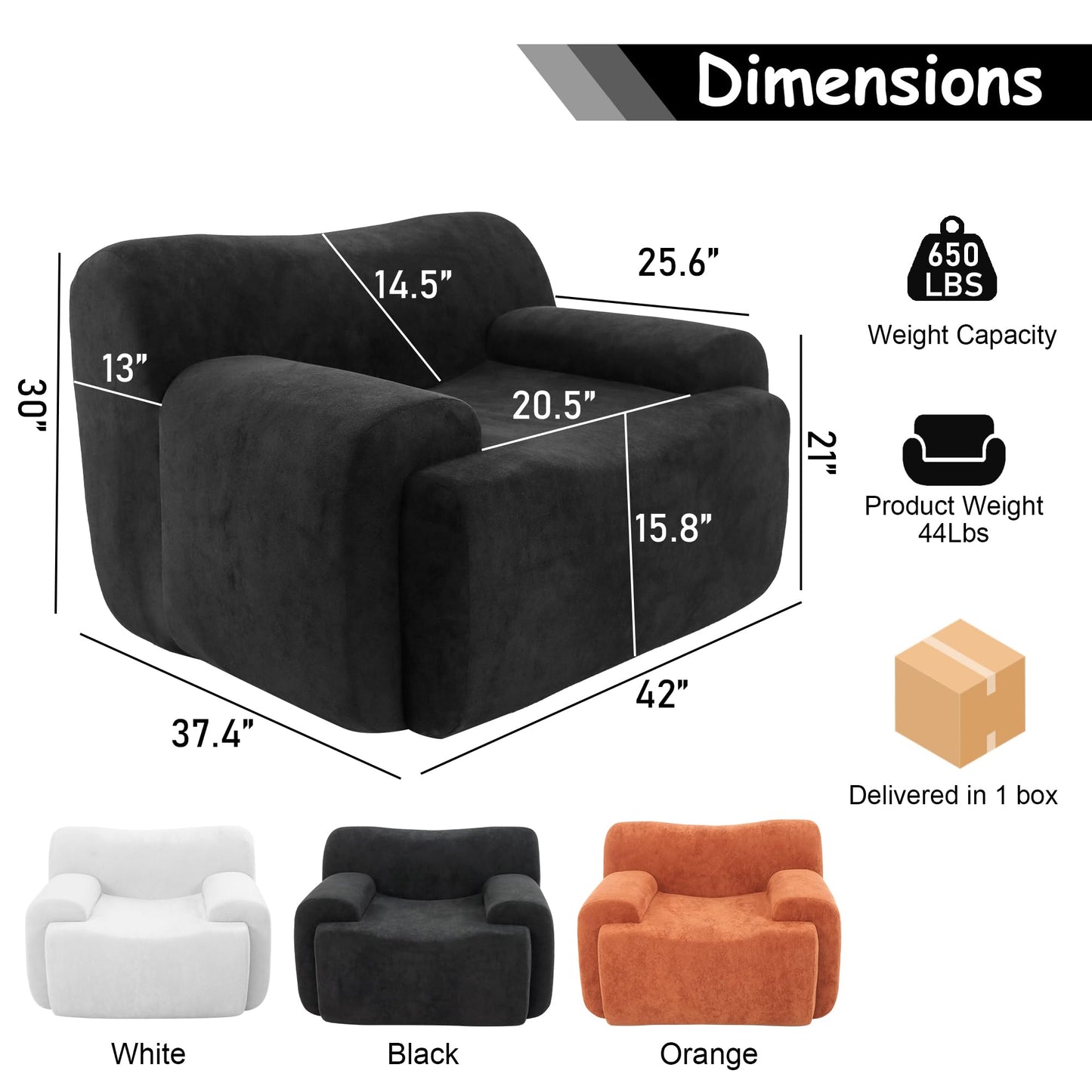 FASADI Oversized Accent Chair - 42" Boneless Chenille Single Sofa Chair for Living Room, Cloud Armchair Foam & Spring Couch for Living Room, Bedroom, Office. Reading, No Assembly
