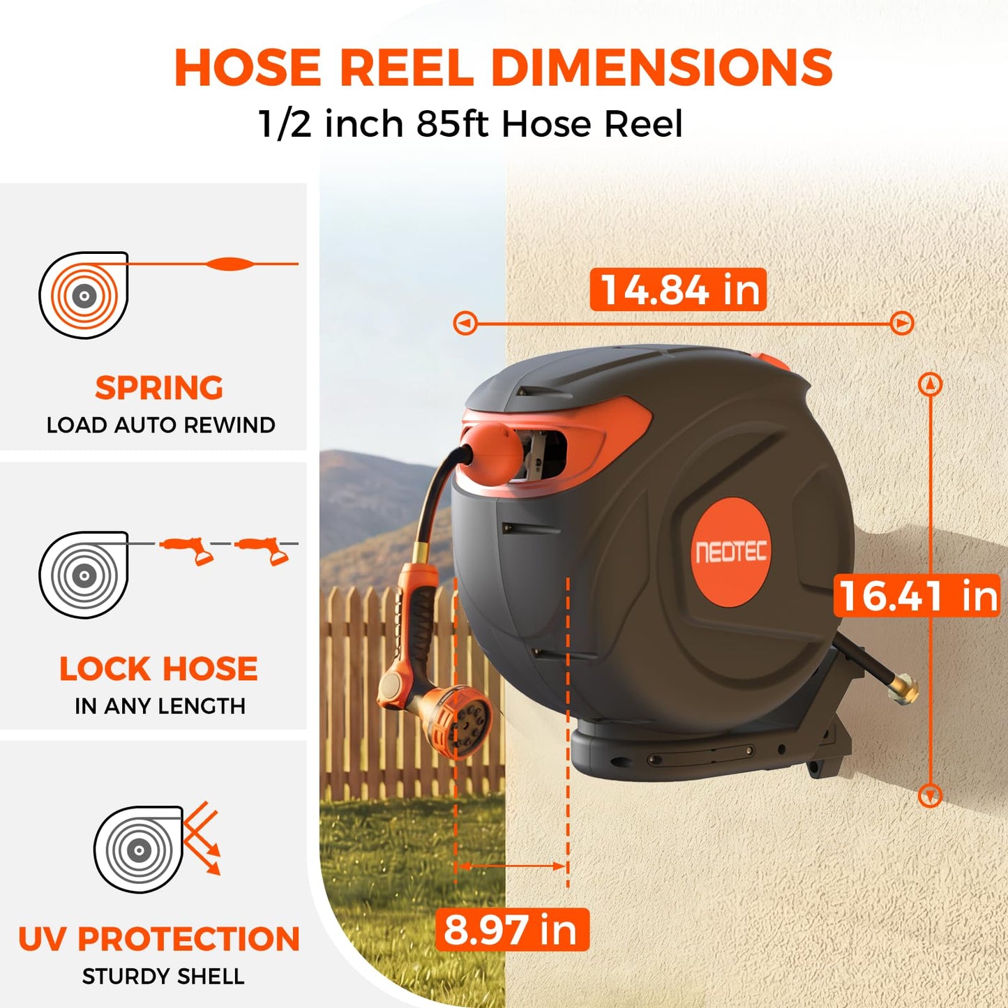 New Retractable Garden Hose Reel 1/2 inch x 85 ft 9 Pattern Nozzle Wall-Mounted Any Length Lock Automatic Slow Return 180° Swivel UV Resistant Heavy Duty Hose Reels for Outside