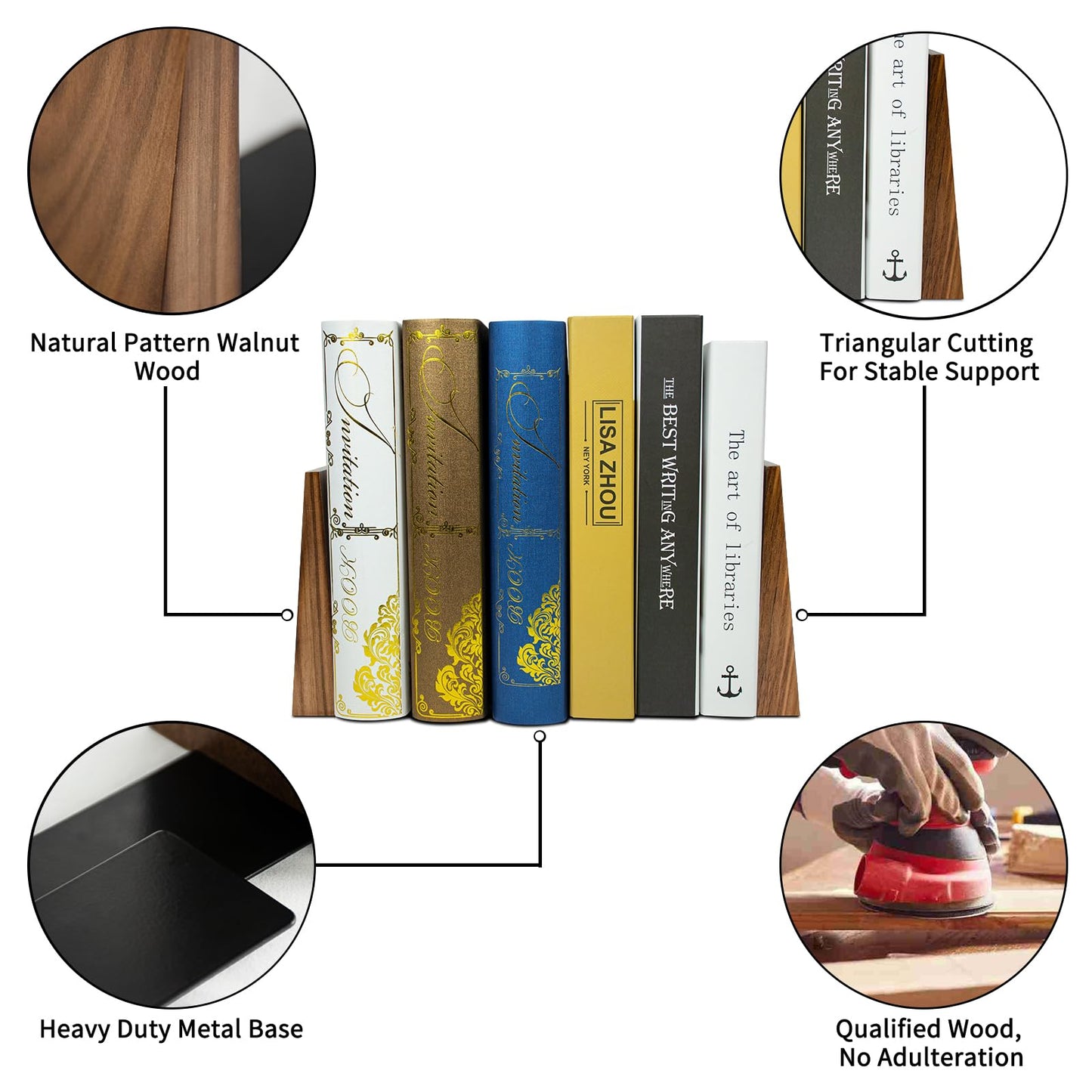 Luxdecor Walnut Book Ends Hold Heavy Books-6x5x4in Wood Bookends for Office Desk Non Skid, Decorative Walnut Bookend 2pack, Triangle Style