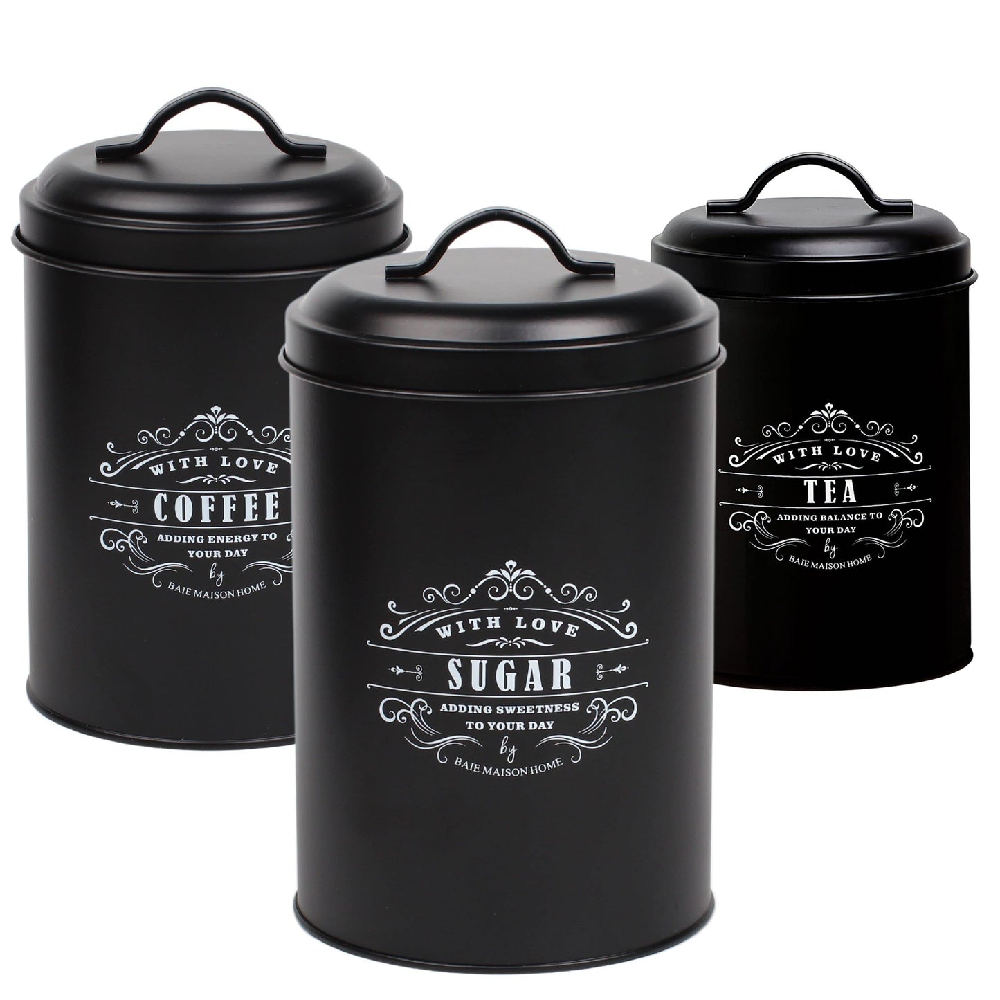 Baie Maison Large Black Kitchen Canisters Set of 3 - Farmhouse Canister Sets for Kitchen Counter - Coffee Tea Sugar Container Set - Rustic Kitchen Canisters for Countertop - Metal Kitchen Decor Jars