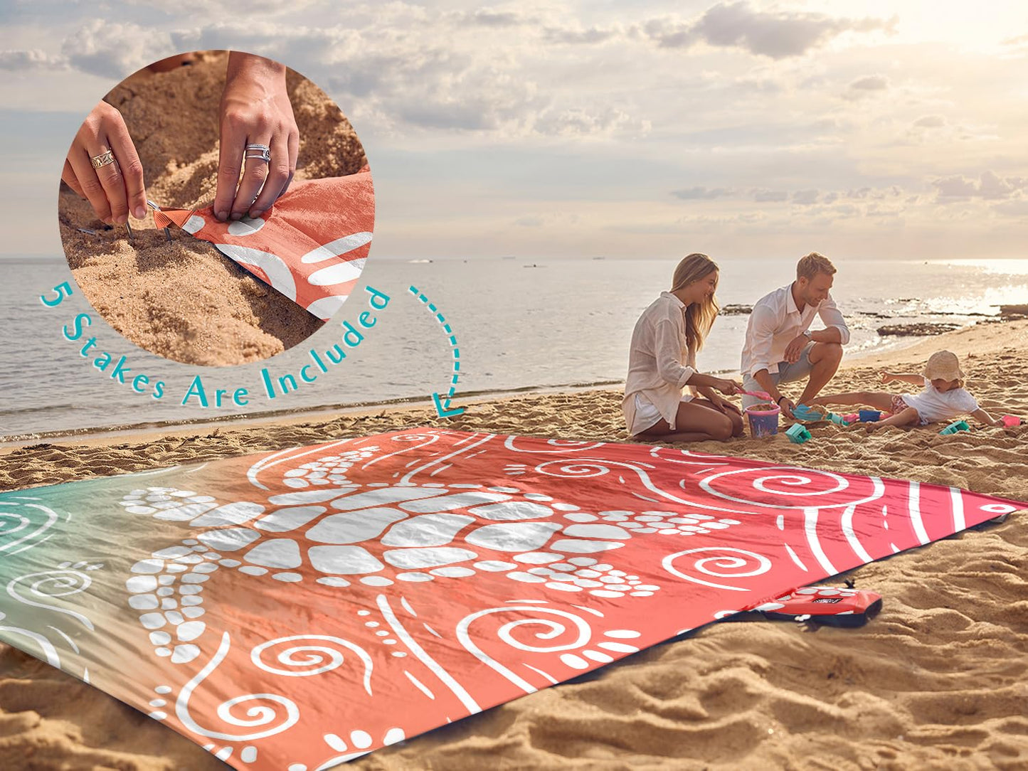 WEKAPO Beach Blanket Waterproof Sandproof Oversized Extra Large Sand Free Beach Mat with Stakes, Storage Bag - Essentials for Outdoor Beach, Picnic (Sea Turtle, 8 X 7 FT (1~4 Person))
