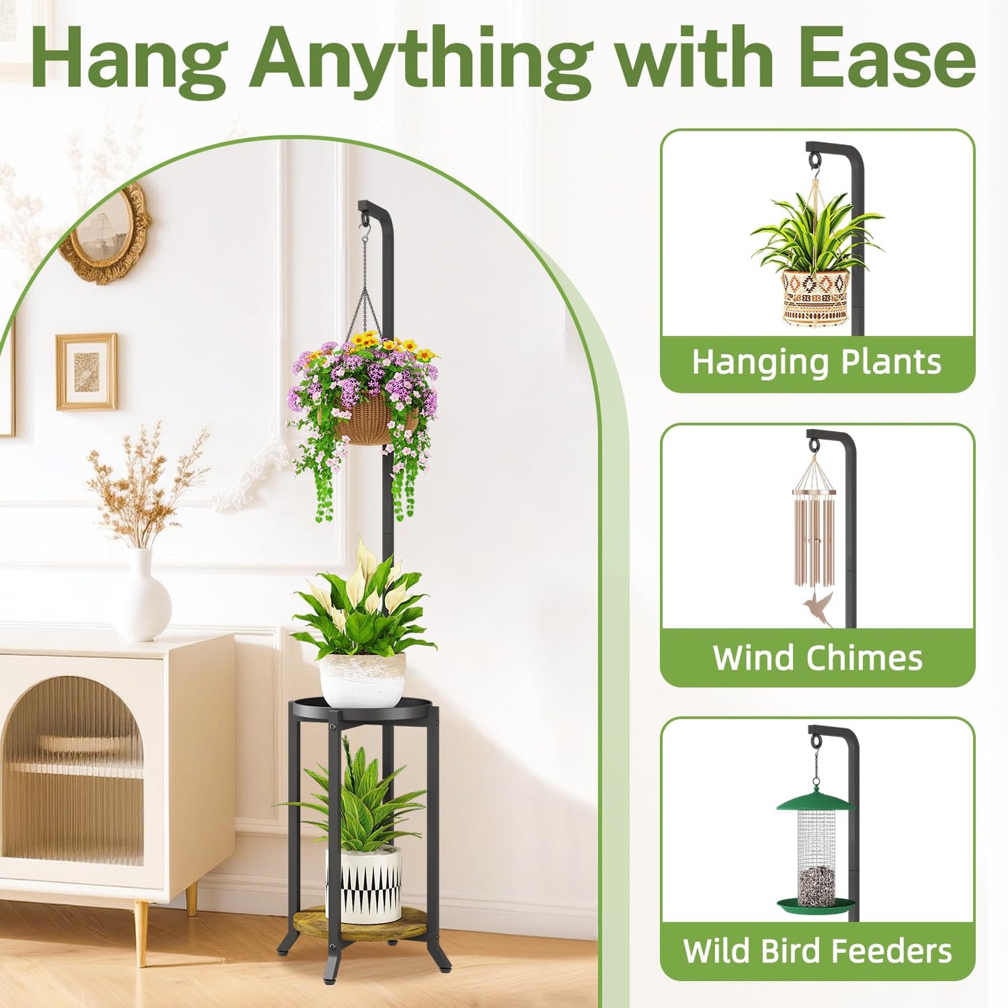 iDavosic.ly 2 Tier Hanging Plant Stand Indoor, Tall Vertical Corner Metal Flower Heavy Duty Pot Holder Shelf for Patio Porch Living Room, Modern Black & Rustic Brown - Round