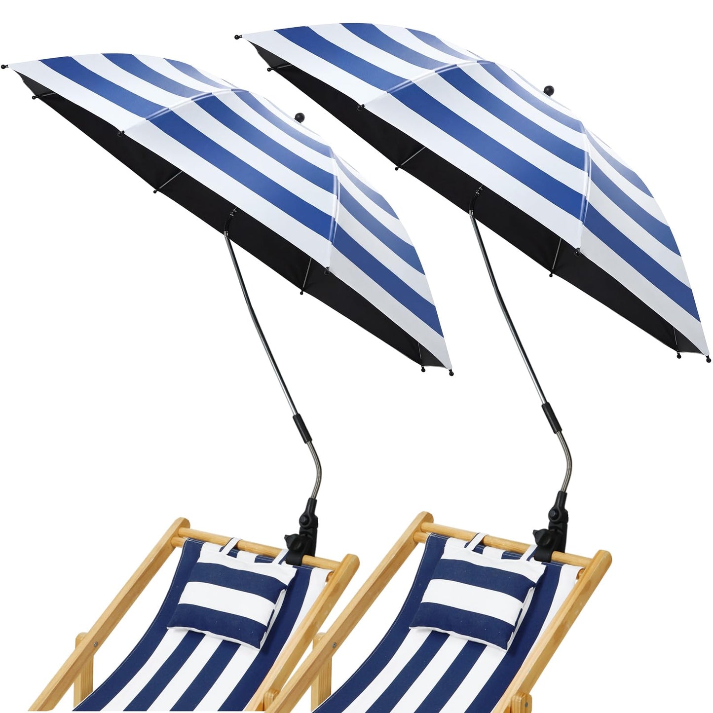 Breathffy 2 Pcs Beach Umbrella with Clamp UV Protection 48 Inch Adjustable Umbrellas for Chair with 360° Universal Clamps for Beach Camping Stroller Wheelchair, Chair Not Included(Blue Stripes)