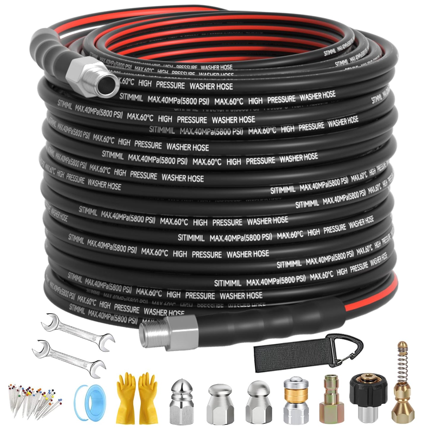 Sewer Jetter Kit for Pressure Washer 100FT, Drain Cleaner Hose 1/4 Inch NPT, NPT Corner Swivel and Push Button Nose Sewer Jet Nozzle Wrenches Gloves Waterproof Tape Pearl Brooch,5800PSI