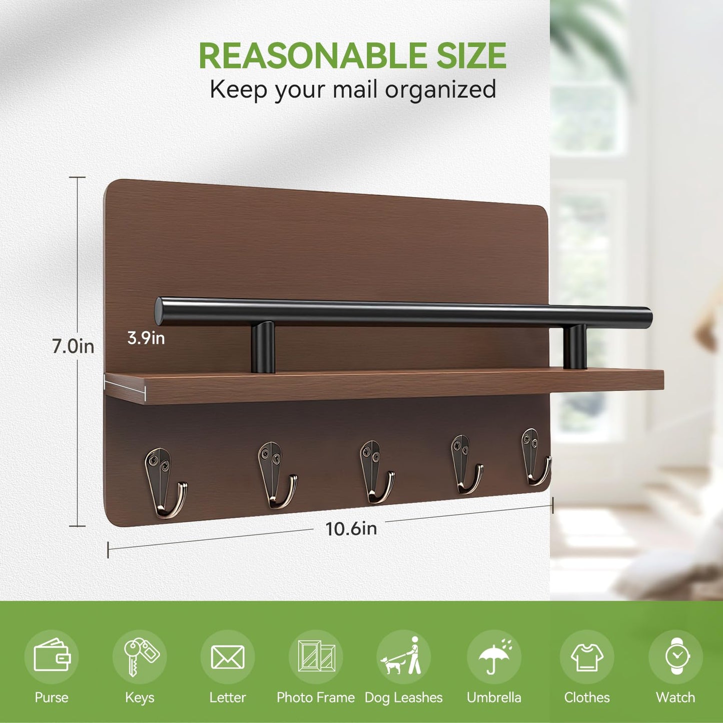 KISENG Key Holder Wall Mount, Decorative Key Rack with Shelf & 5 Sturdy Hooks, Rustic Key Hooks for Wall for Mail Organizer Hanging Dog Leash, Glasses, Wooden Key Hanger with Mounting Hardware