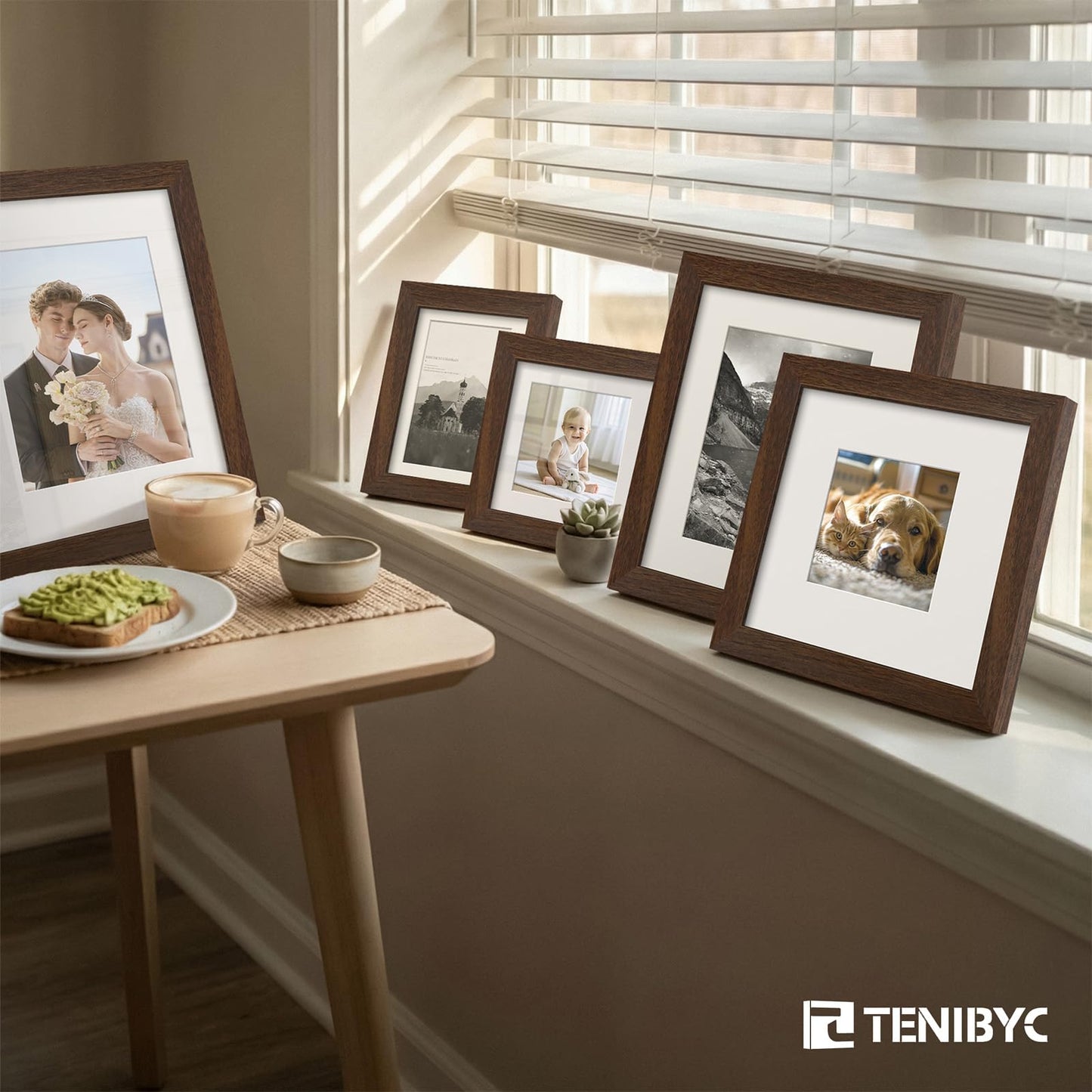 TENIBYC 8x10 Picture Frame Set - 4 Pack, Brown Solid Wood Photo Frames - Tempered Glass - Displays Photos 5x7 with Mat or 8 x 10 without - Room, Office, Gallery, and Hallway Decor - Wall Hanging
