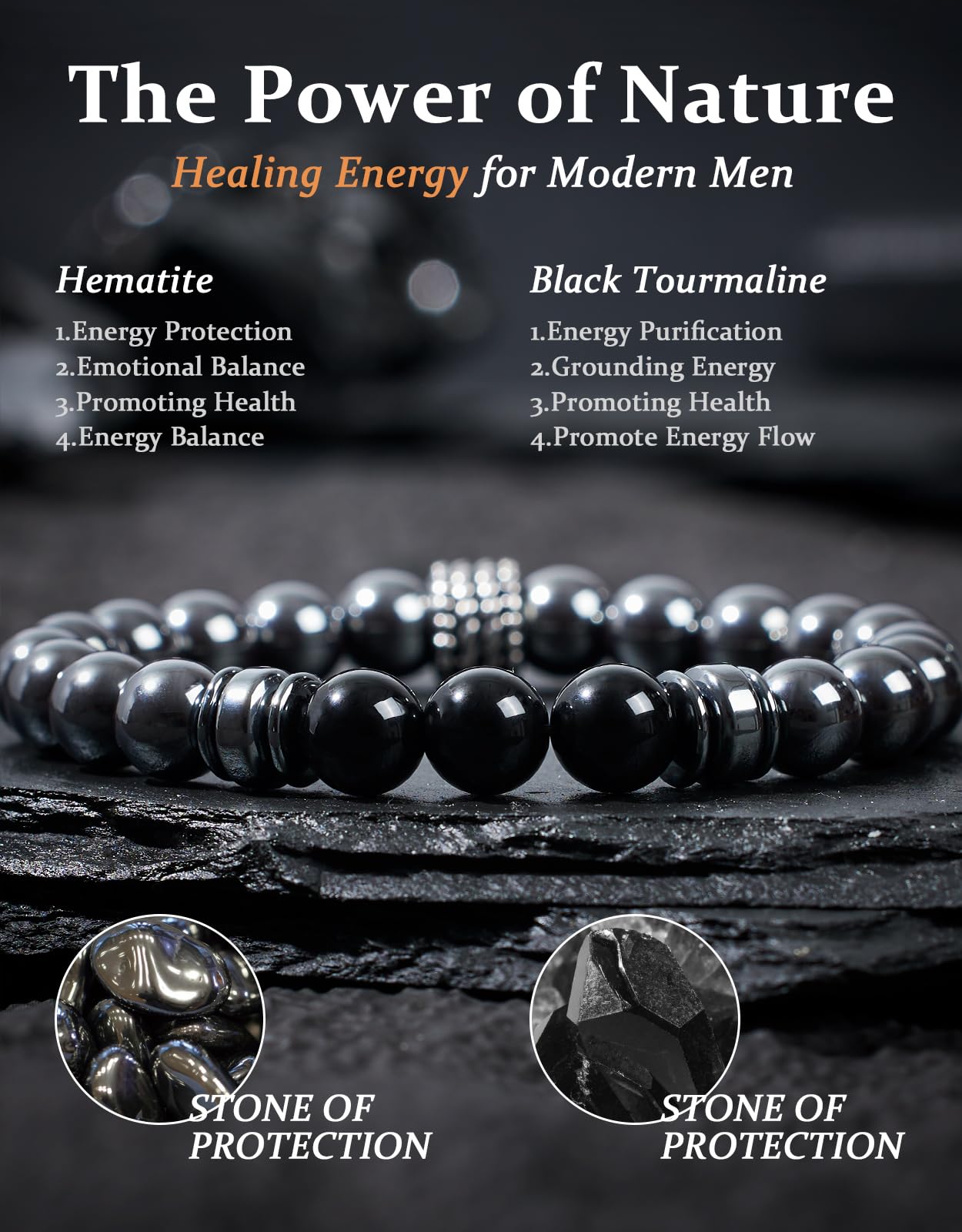 Landorilo Gifts for Men, 8mm Natural Stone Beaded Bracelets, Hematite & Tourmaline Healing Bracelet, Handmade Mens Jewelry Gift for Him, Husband, Son, Father, Friend(Happy Birthday-7.5in)