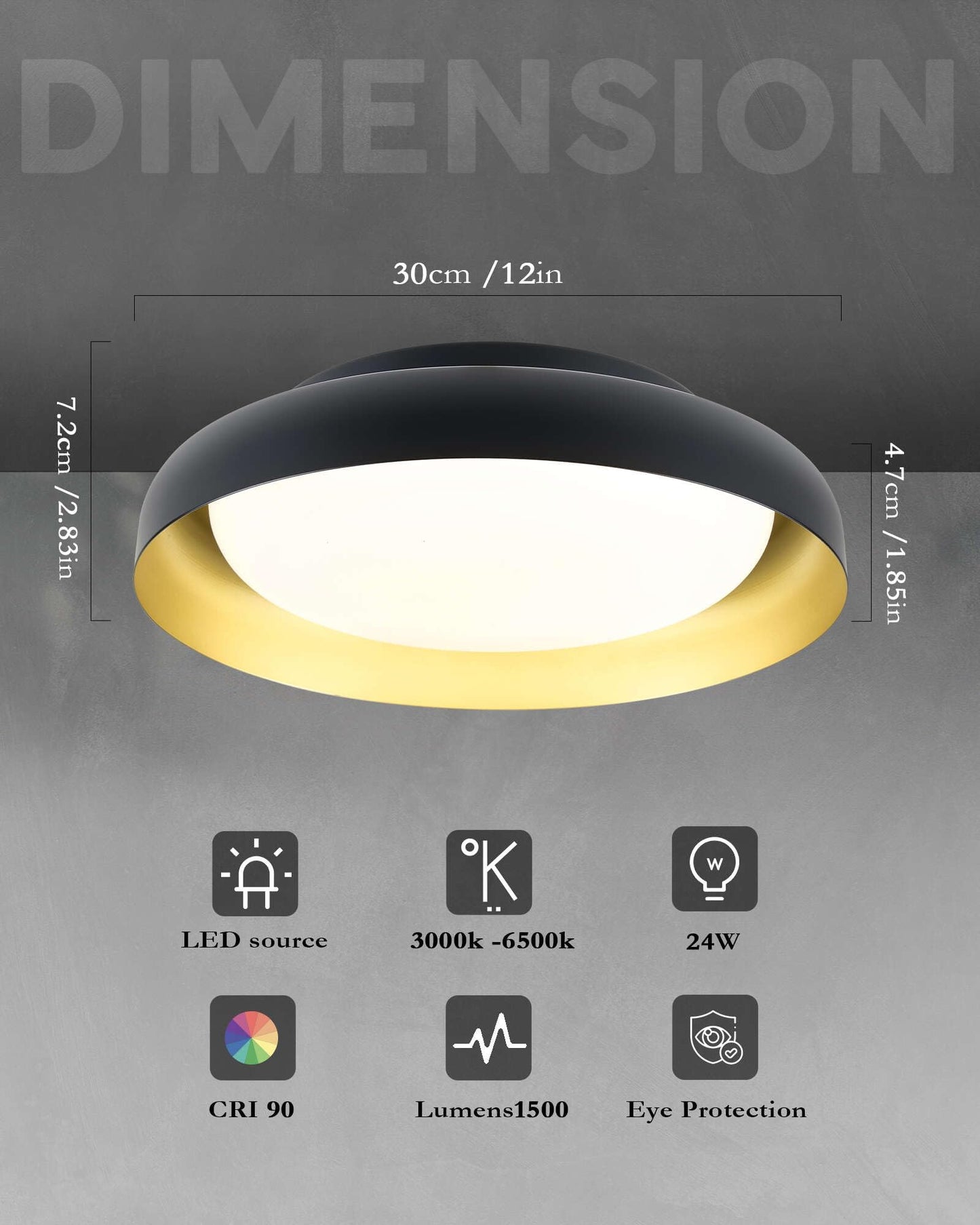 Ken & Ricky Flush Mount Ceiling Light Fixture, Led Dimmable 24w for Bedroom Kitchen Bathroom Laundry Hallway Entryway,Remote Control (Black and Gold,12Inch,1PK)