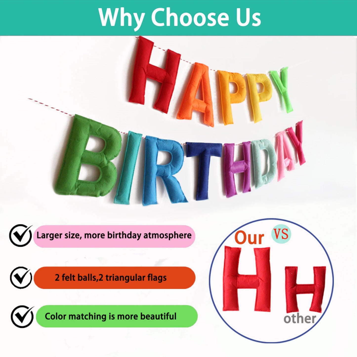 6.3 Inch Large Felt Happy Birthday Banner - Pre-Strung Rainbow Fabric Garland, Reusable Happy Birthday Sign for All Ages Party Decorations (Rainbow)