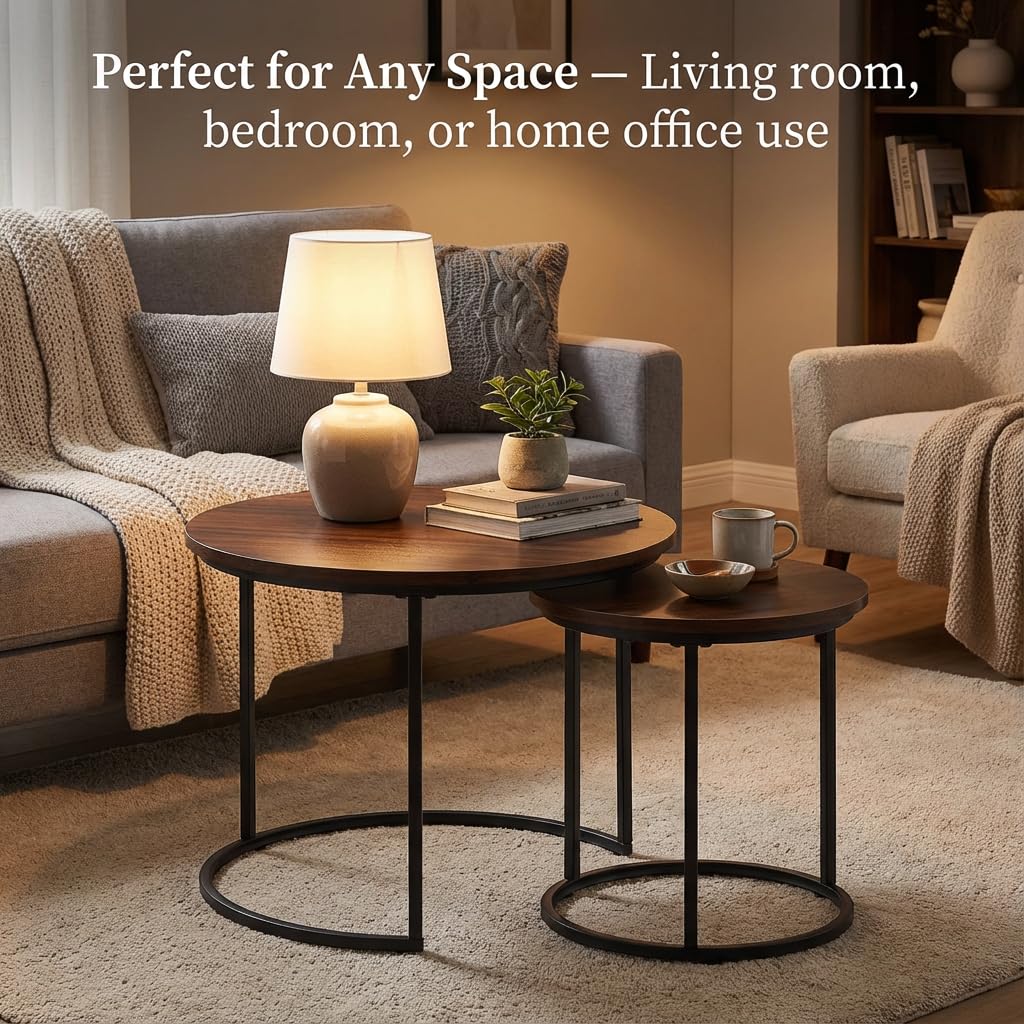 Round Nesting Coffee Table Set of 2, Modern Marble Pattern Wooden Nesting Tables, Stacking Minimalist End Table for Living Room Bedroom Small Space, Wood Brown and Black