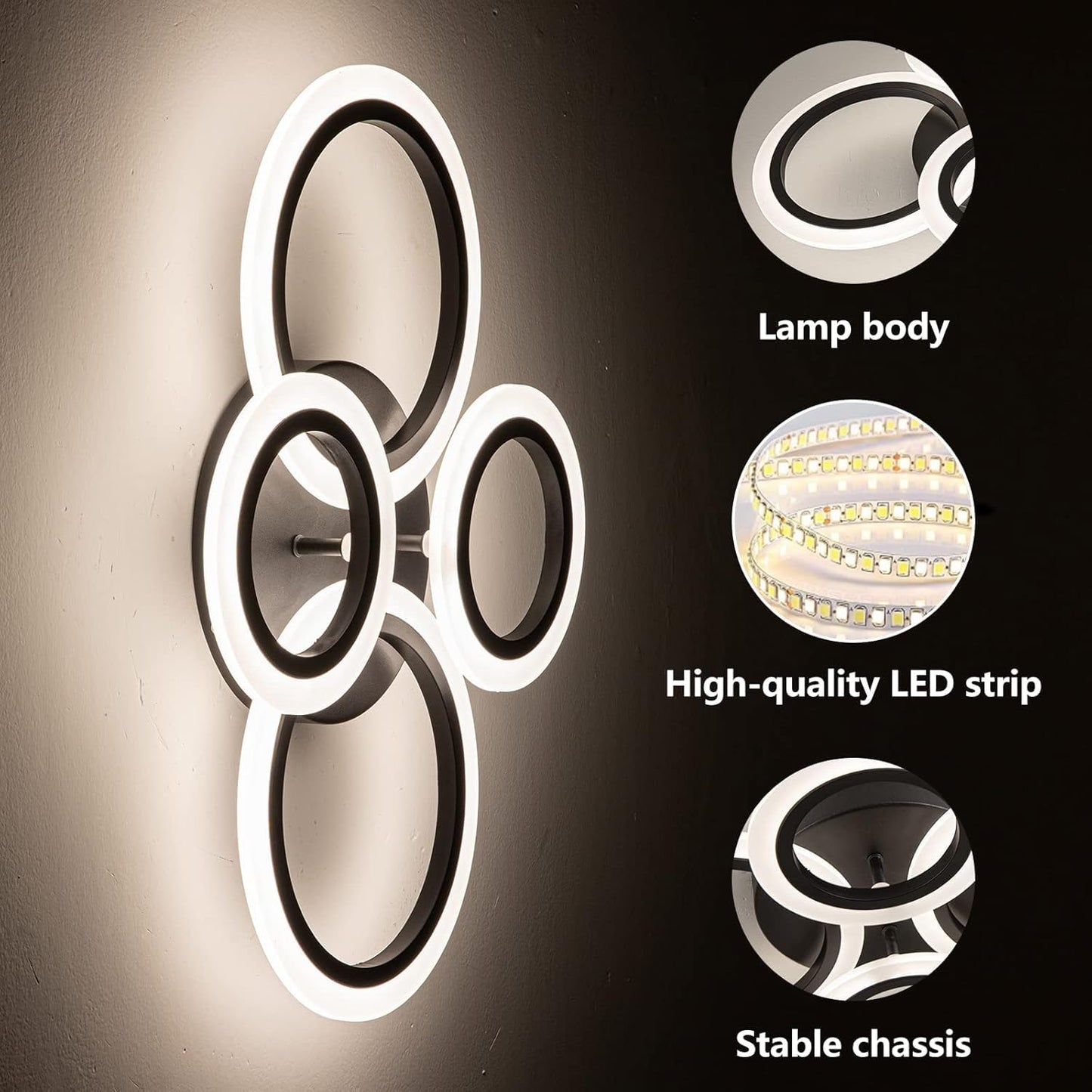 Shine LUEST 34W Modern LED Ceiling Light, 3000K-6000K Dimmable Ceiling Lighting Fixtures Ceiling Mount 4 Rings Black LED Chandelier Bedroom Lights Flush Mount with Remote for Kitchen, 2720LM