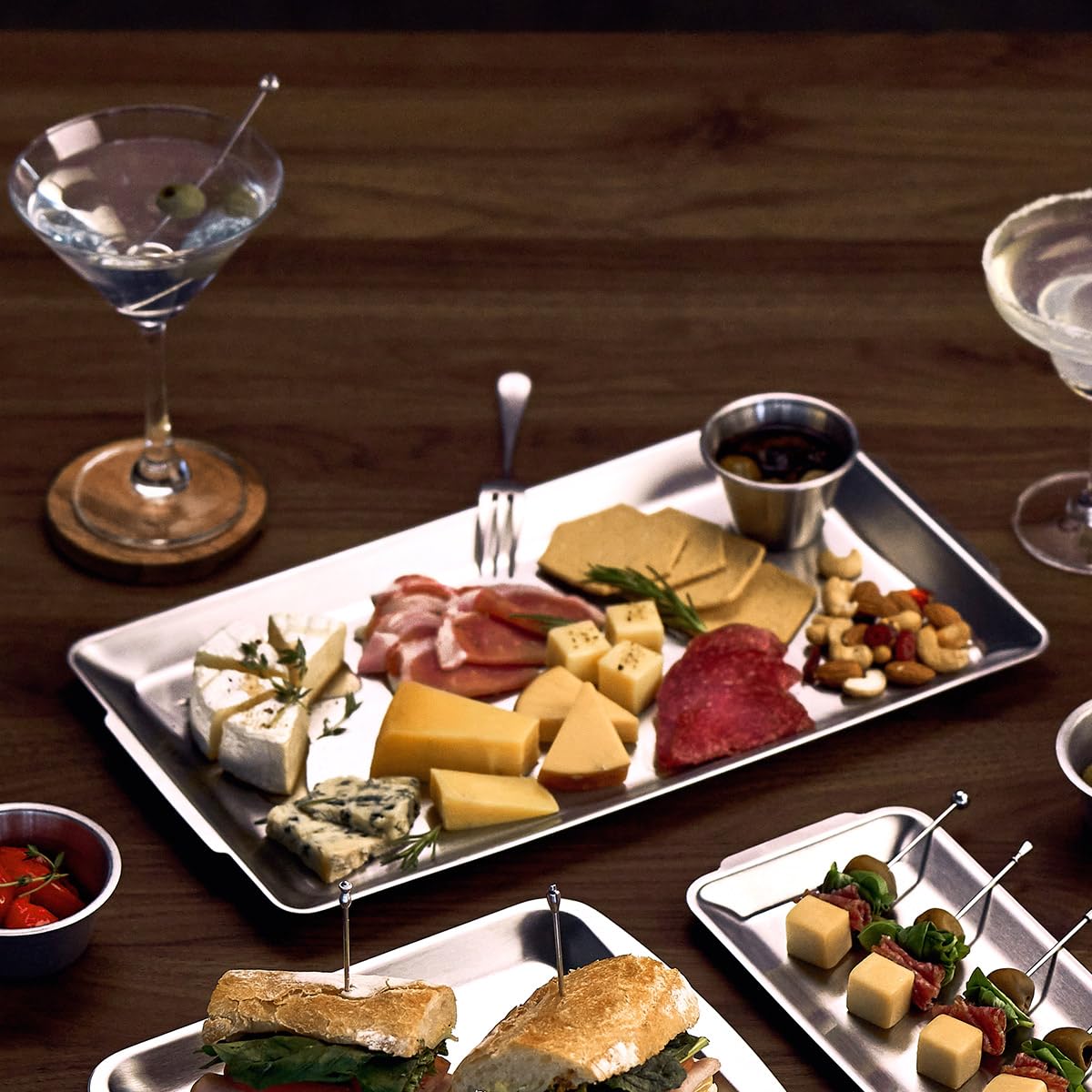 Wagensteiger SUS304 Stainless Steel Serving Platters, Rectangle Metal Dinner Plate with Handles, Decorative Tray, Lightweight, Cheese Board, Oven Safe (14.17 x 7.87 inches)