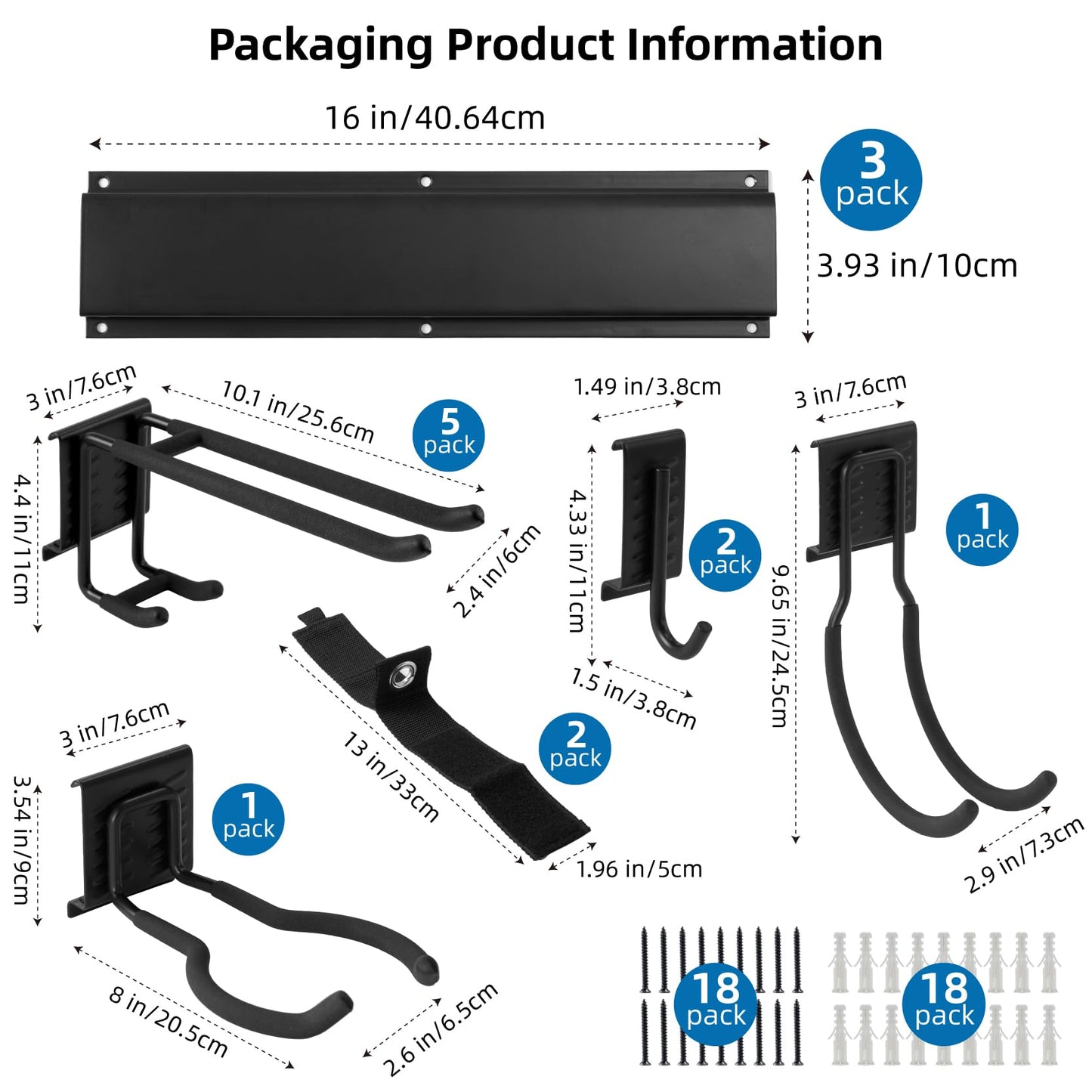 Sinoer Heavy Duty Steel Garage Wall Mount Garden Tool Organizer with 9 Adjustable Metal Hooks and 2 Straps, for Garden Tools, Chairs, Brooms, Mops, Rakes, Shovel
