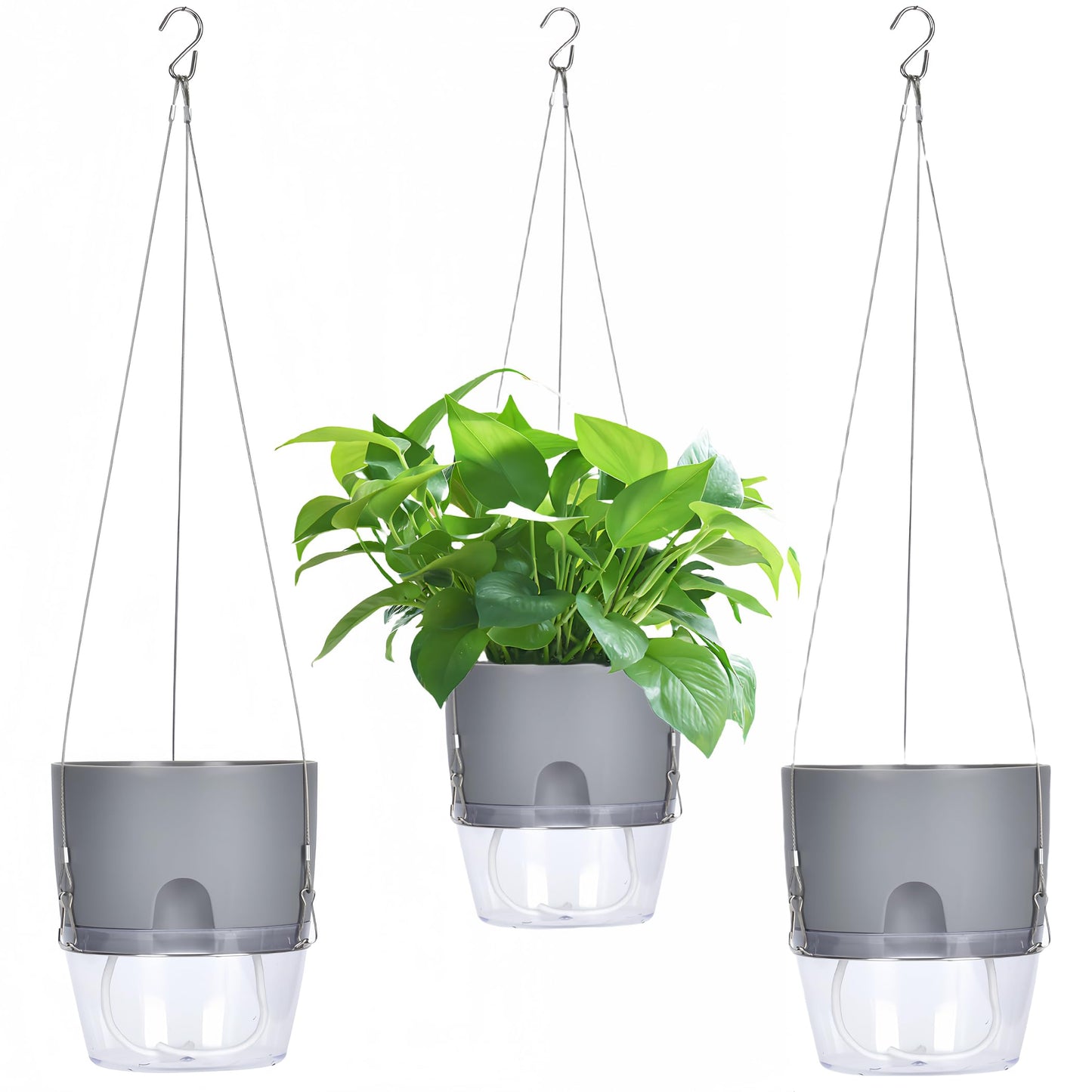 FAMZ Hanging Planter 3 Pack, Hanging Pots for Plants Indoor, 6 Inch Plant Hanger Indoor, Plant Hanger with 3 Hooks Drainage Holes for Garden Home Plant Pots (Gray)