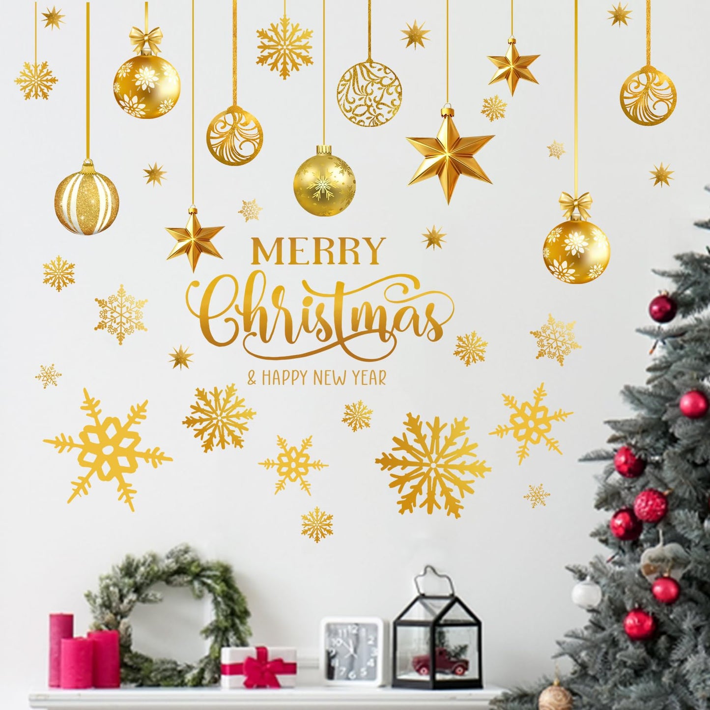 Mfault Merry Christmas Golden Ornament Balls Wall Decals Stickers, Gold Xmas Happy New Year Snowflakes Stars Decorations Bedroom Art, Winter Holiday Home Kitchen Decor