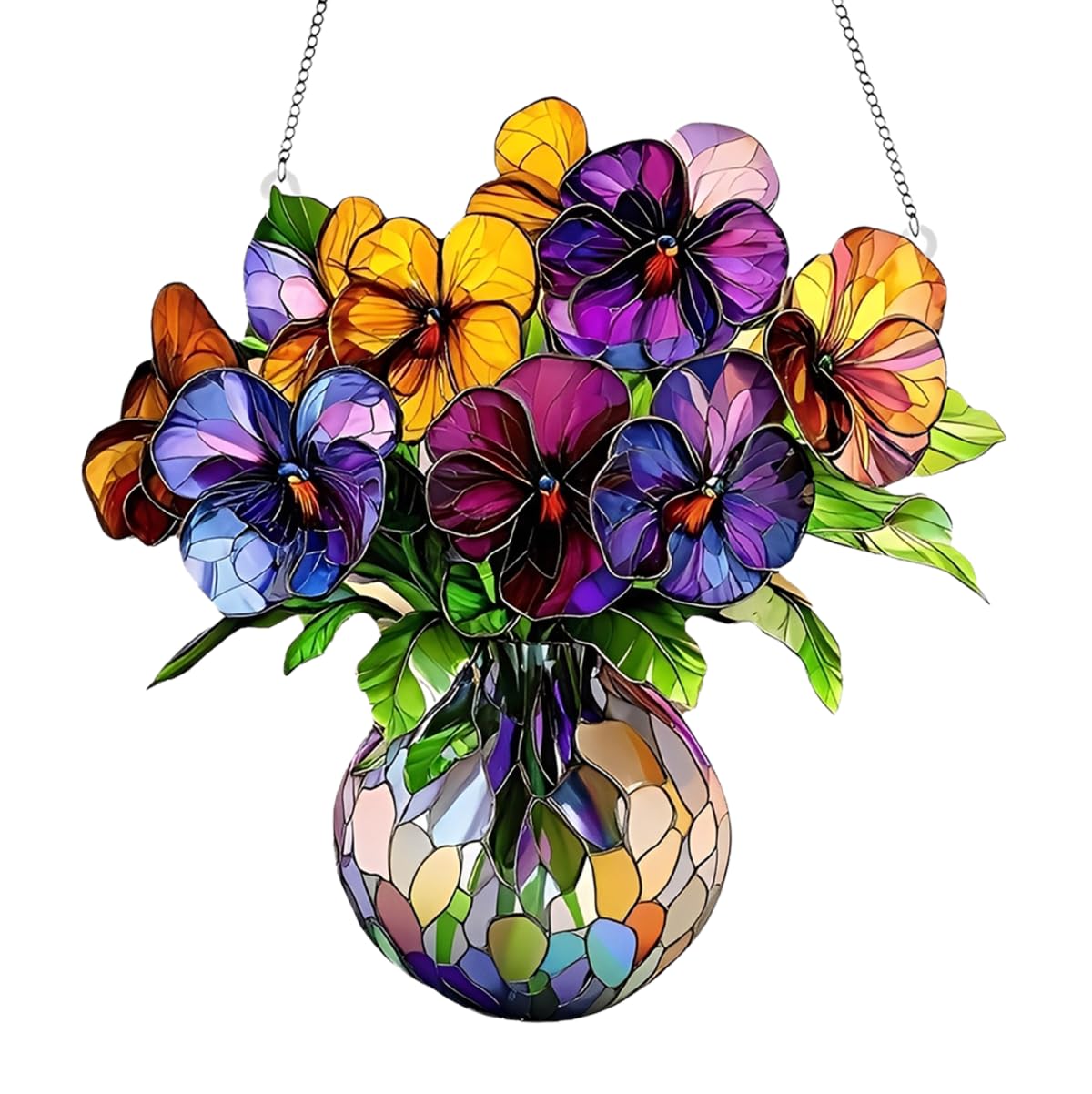 1PC Pansies in Vase Acrylic Suncatcher Hanging, 7.08 inch Window Decor with Printed Stained Glass Style Design, Rainbow Maker Wall Art, Gift Idea & Garden Ornament Indoor Outdoor Use/ZW-07