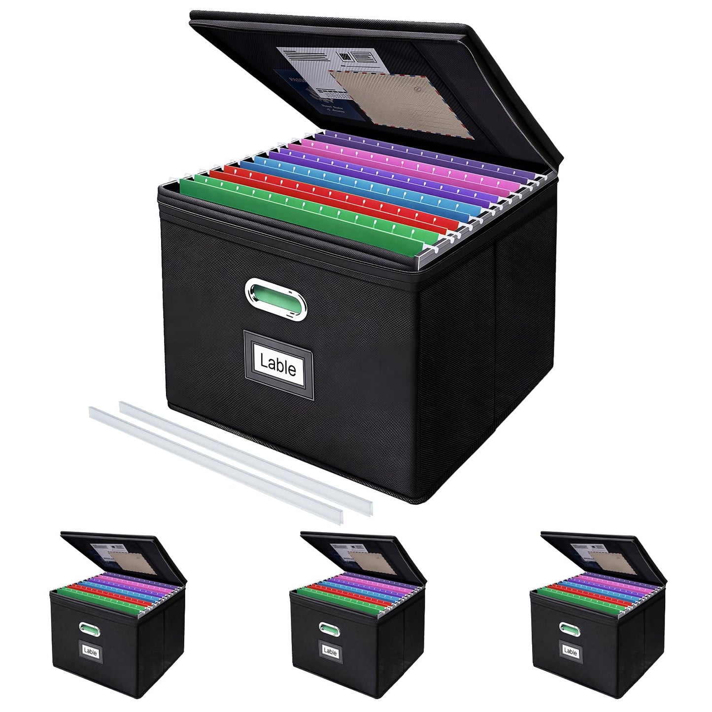 4 Pack File Organizer Boxes with Lids, Collapsible Document Storage Bin with Mesh Pockets & Zipper, Fits Letter/Legal Size Folders for Home Office Moving Classroom Organization (Black, No Folders)