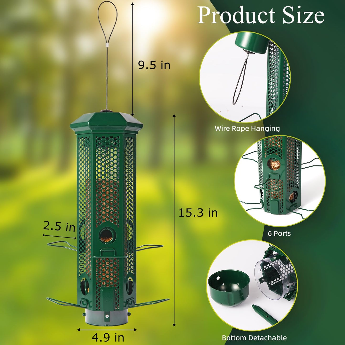 Squirrel Proof Bird Feeders with Removable Base, Metal Wild Bird Feeder for Outdoors Hanging, 6 Weight-Activated Ports Perches, 3LB Seed Capacity(Green)
