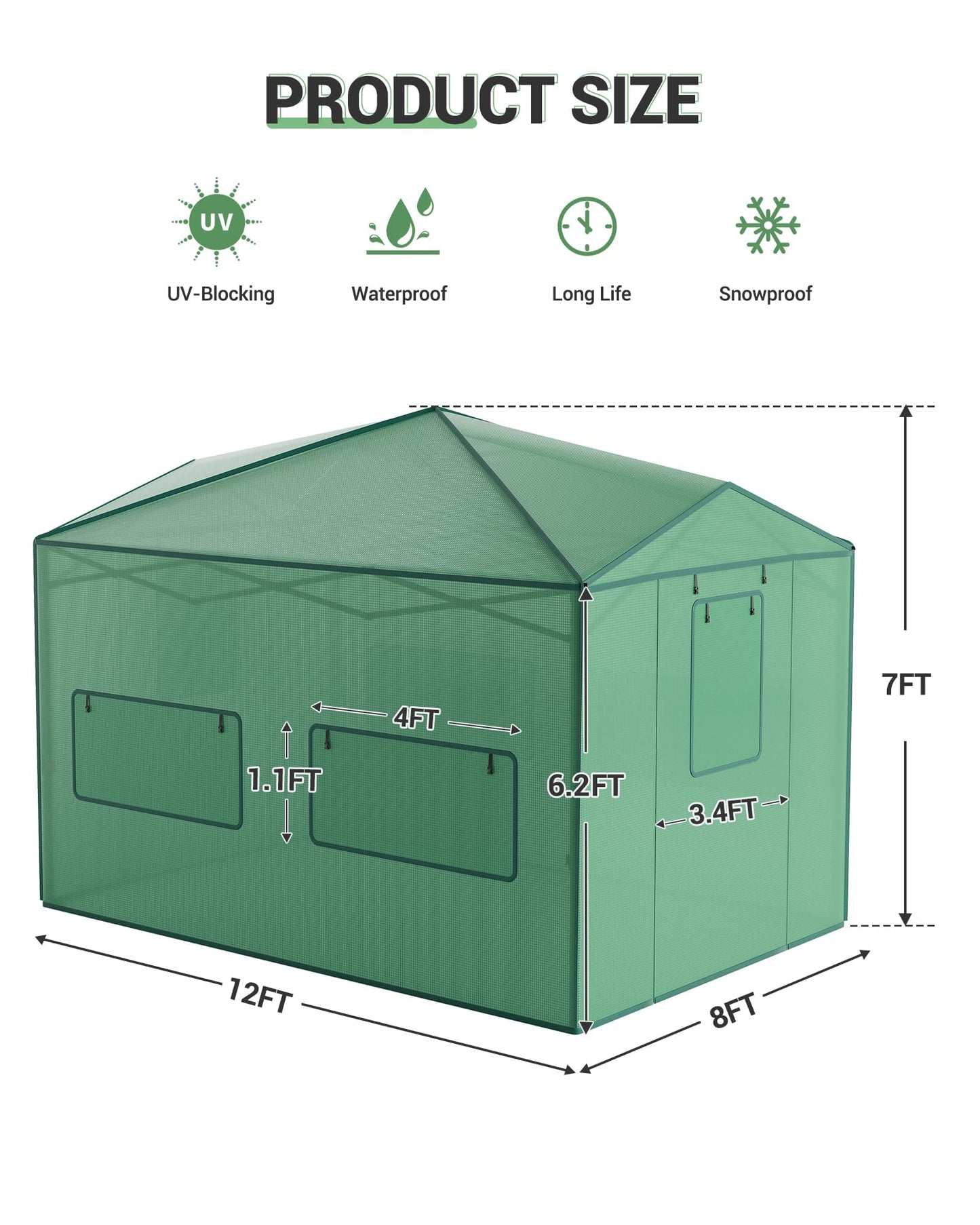 8x12 FT Pop-Up Greenhouse with Durable PE Cover, 96"x144" Large Grow Tent for All Seasons | Features Zippered Doors & Mesh Windows for Indoor/Outdoor Plants, Easy to Assemble (Green)
