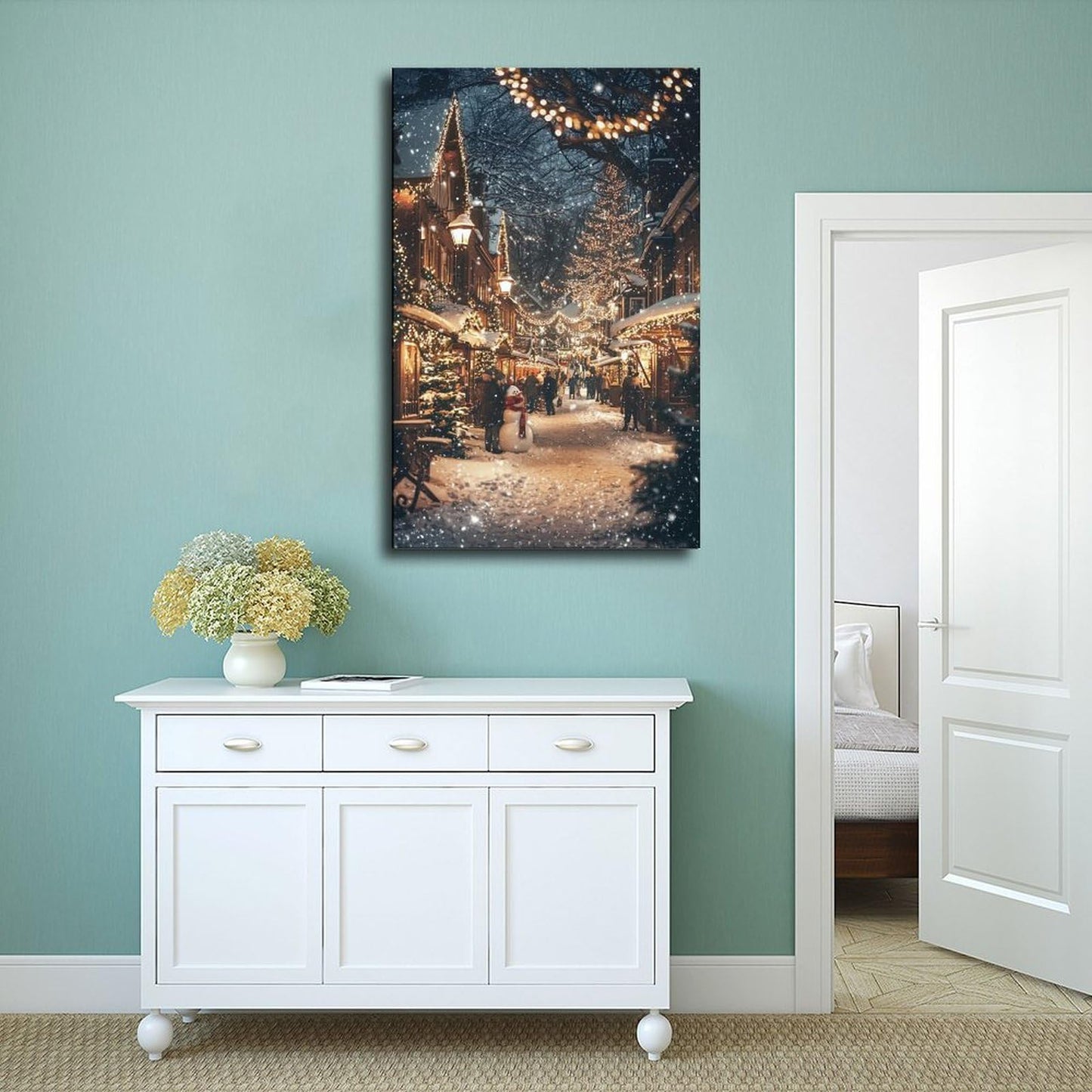 Festive Winter Town Wall Art – Snow Covered Village, Holiday Lights And People Poster Print for Teen Boys Room Wall Art Canvas Painting Print 12x18inch(30x45cm)