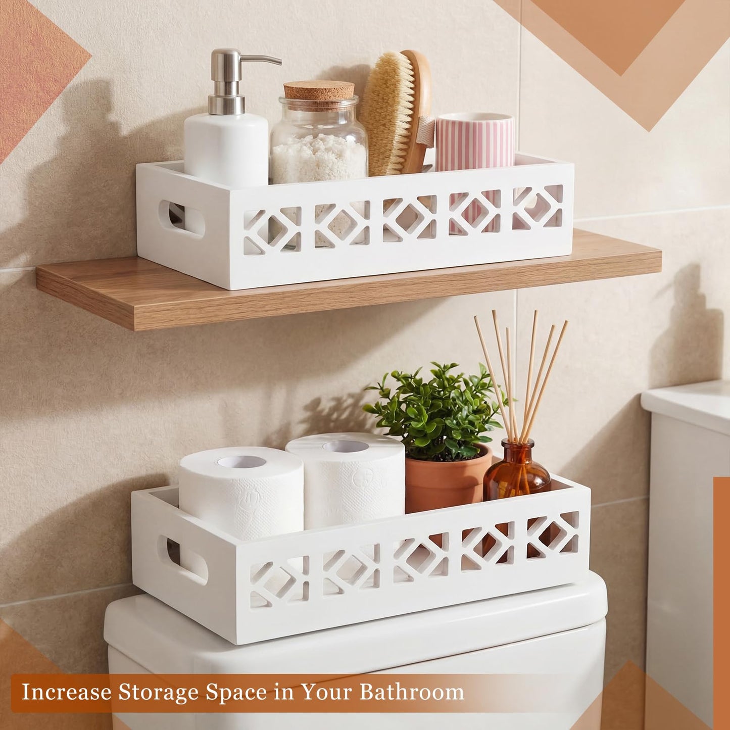 Qunclay 2 Pack White Toilet Tank Baskets Wooden Toilet Tank Top Paper Baskets with Handle Rustic Hollow Bathroom Paper Organizer Holders Farmhouse Decorative Bathroom Storage Box