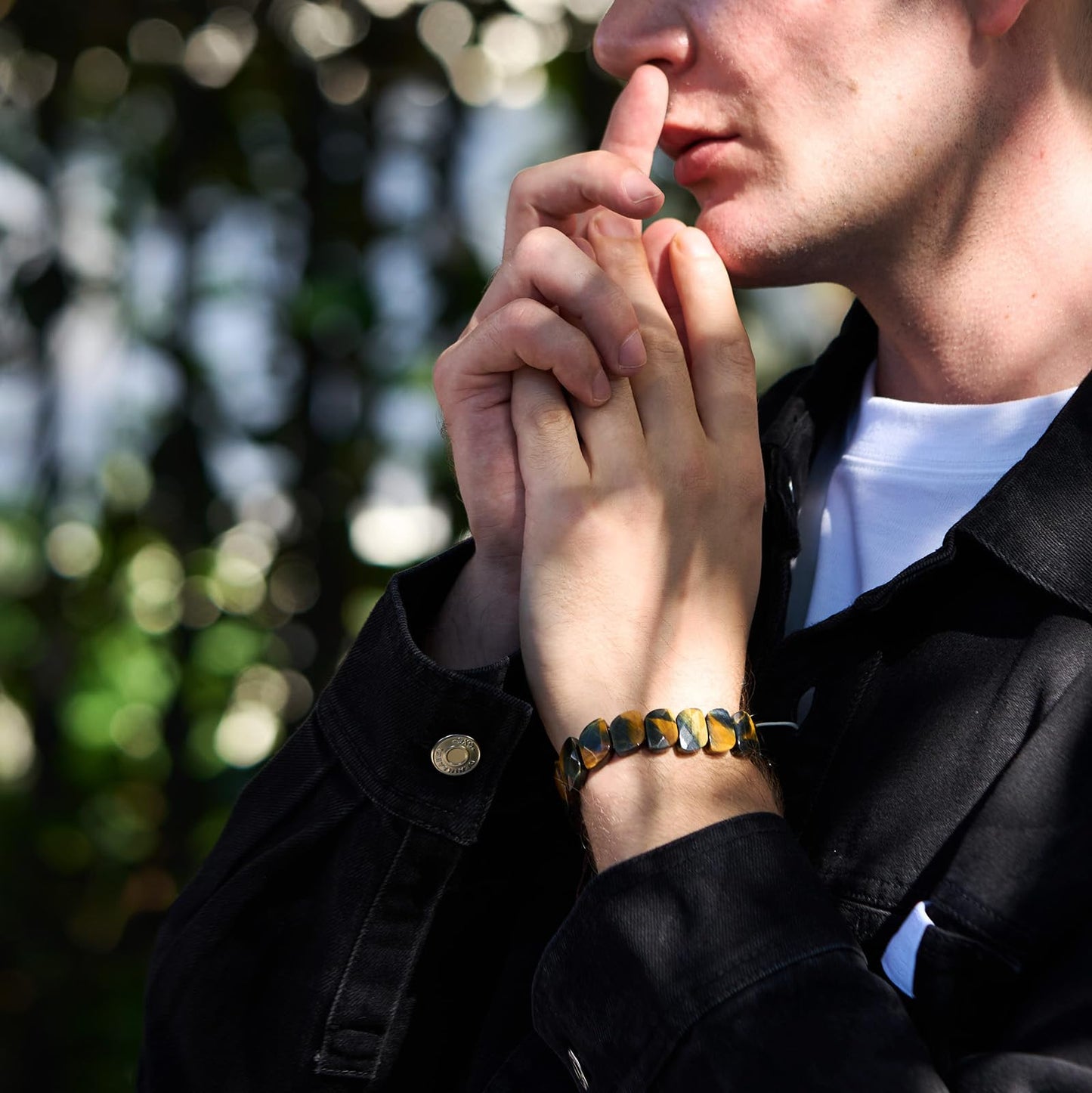 GALKCRST Mens Tiger Eye Bracelet, Unique Leaf Cut Yellow and Blue Tiger Eye Beads, Genuine Premuim Handmade Mens Beaded Bracelet, Grounding and Protection Energy Stone Bracelet for Him