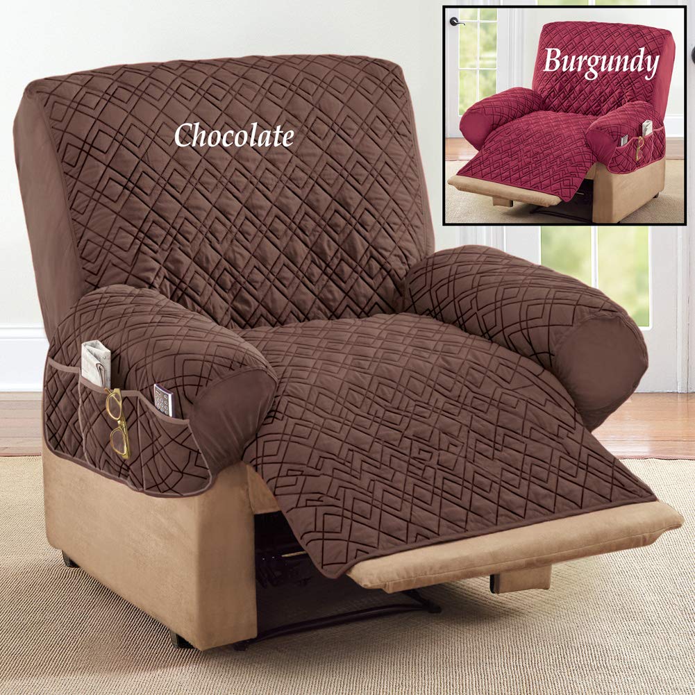 Collections Etc Diamond-Shape Quilted Stretch Recliner Cover with Storage Pockets and Elastic Straps - Furniture Protector, Chocolate, Recliner