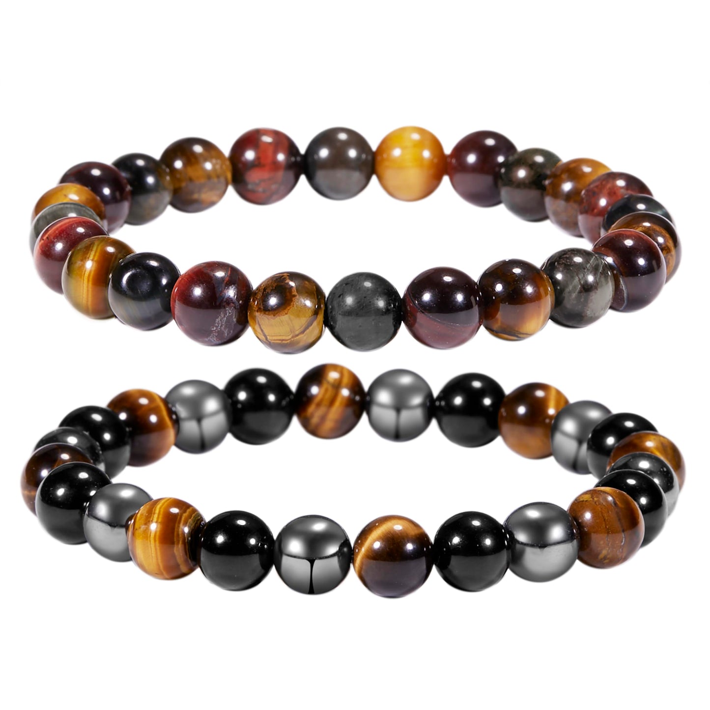 Bivei Natural Gemstone Semi Precious Crystals Handmade Stretchy Round Beads Bracelet, Enhance Positive Energy,Stocking Stuffers for Women(Triple Protection SetSmall)