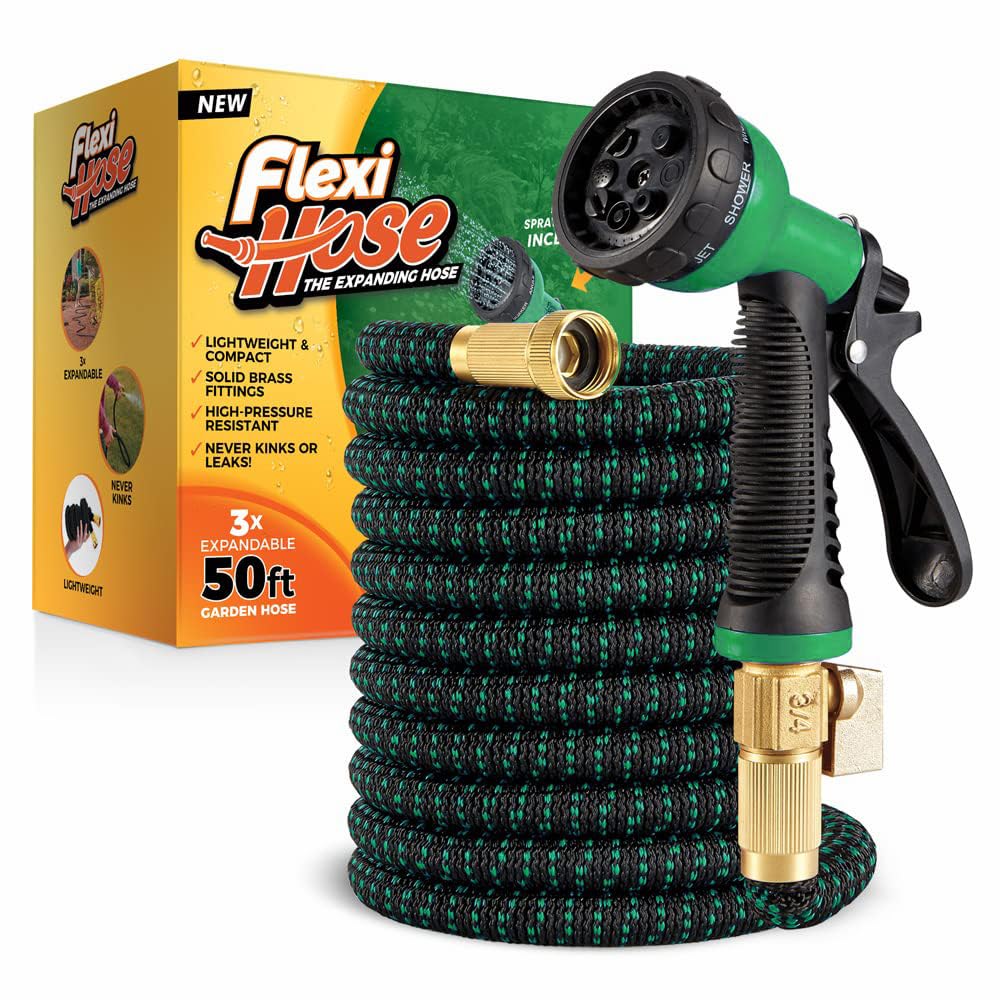 Flexi Hose with 8 Function Nozzle, 50FT - Lightweight Expandable Garden Hose, No-Kink Flexibility, 3/4 Inch Solid Brass Fittings and Double Latex Core - Green
