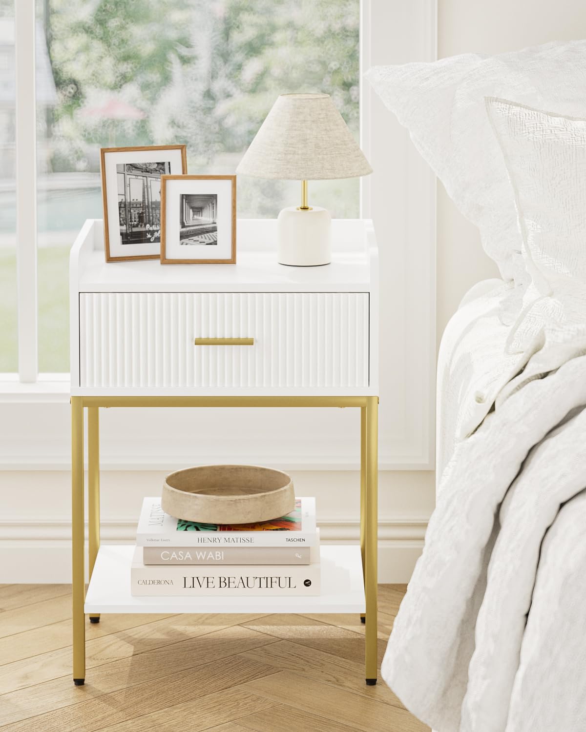 Apetaccat Night Stand, 3-Tier Bed Side Table, Small End Table, Nightstand with Open Shelf and Drawer, Bedside Table for Bedroom, Living Room, White
