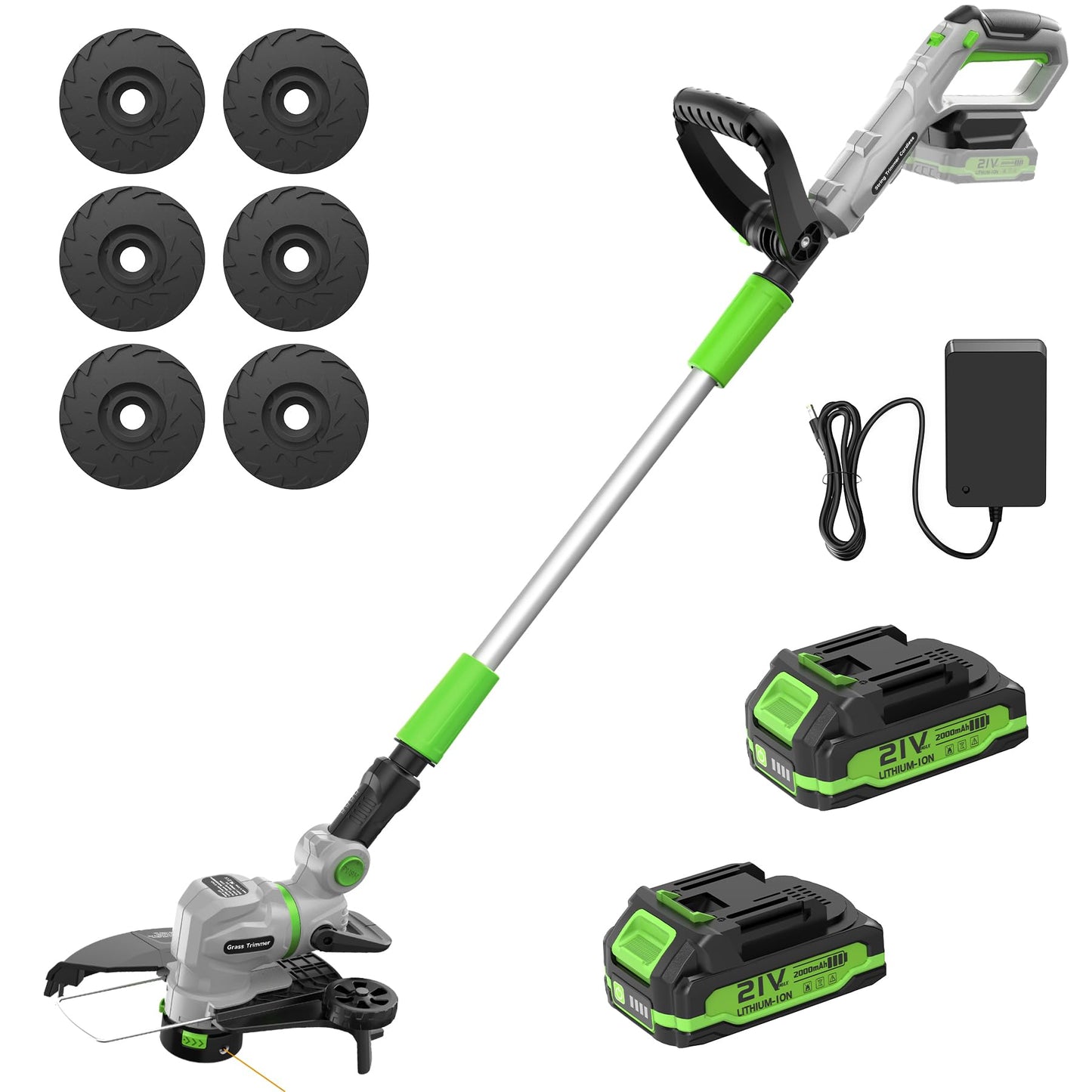 12" 21V Weed Wacker Cordless, 2 in 1 String Trimmer & Edger with Auto Line Feed, 2 Speed Modes, 2 X 2.0Ah Batteries/1 X Fast Charger/6 X Replacement Spools, Weed Eater for Lawn, Garden, etc