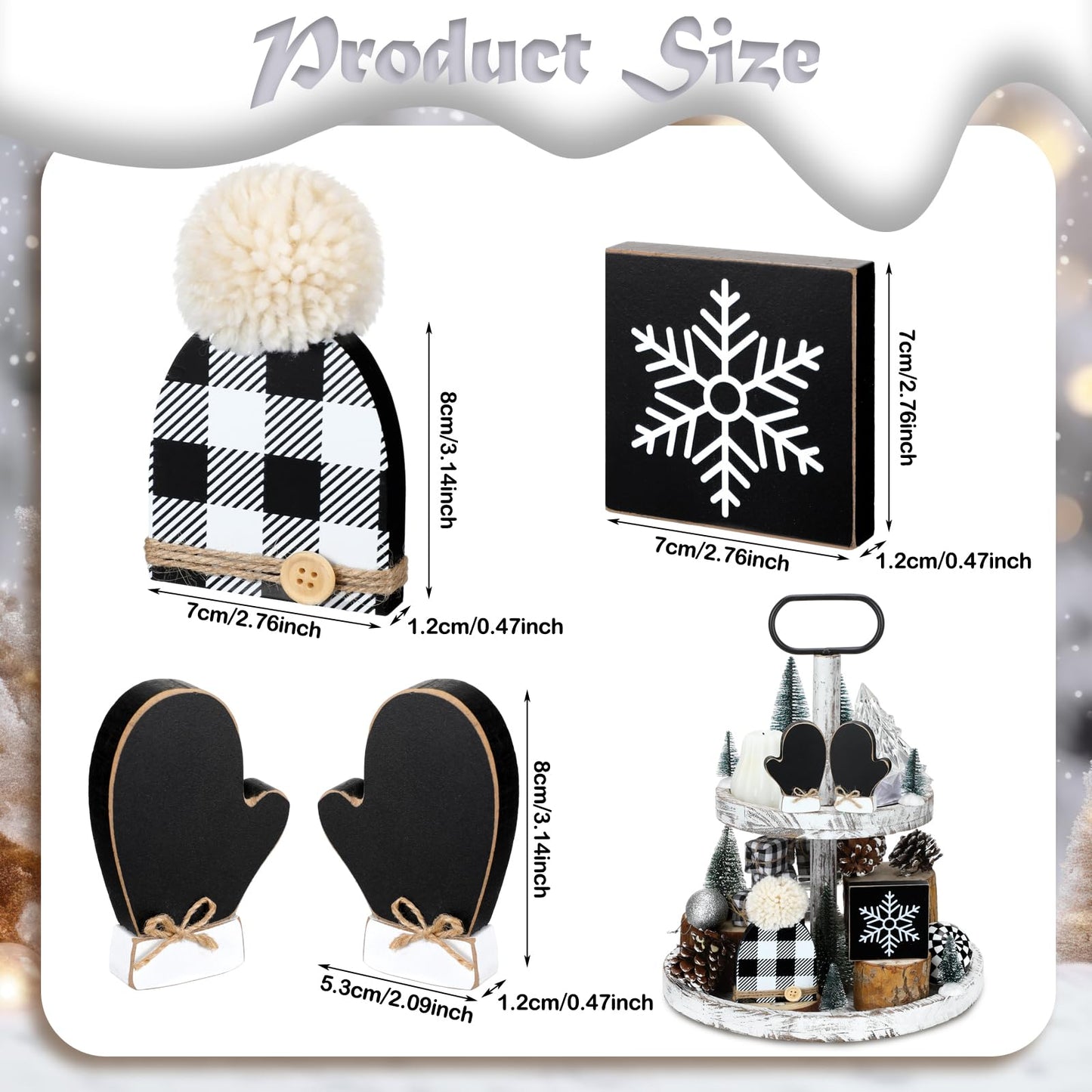 Wenqik 4 Pcs Winter Table Decor Snowflake Gloves Hat Wooden Table Centerpiece Black and White Rustic Farmhouse Wood Tiered Tray Decor Block Sign for Winter Holiday Party Office Shelf Home