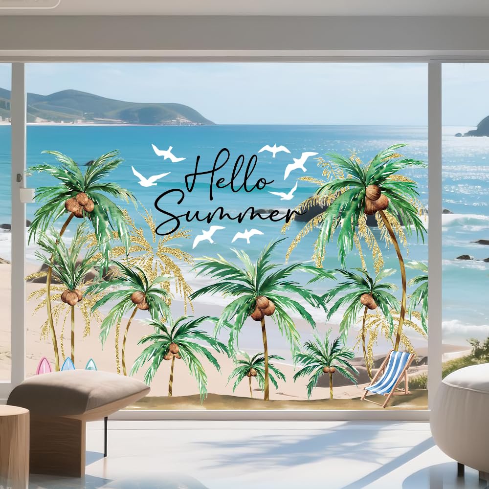 Heirloom Haven Extra Large Hello Summer Window Clings, Summer Sun Beach Window Removable Double Sided Coconut for Glass Windows Home Store Decor