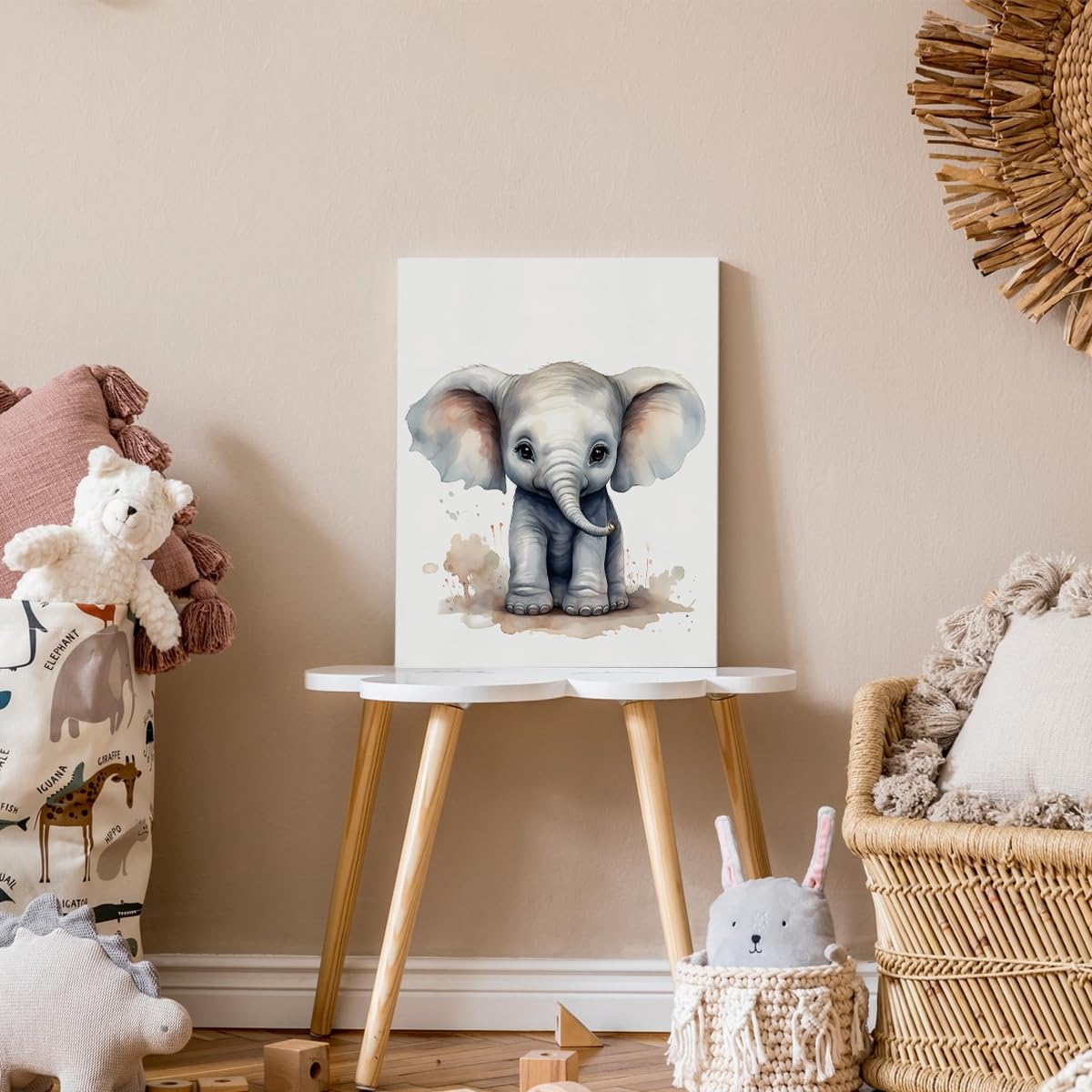 Woodland Nursery Decor, Baby Room Decor, Elephant Wall Art Decorations For Safari Nursery Kids Toddler Boy Girl Room Playroom, Animal Wall Art Prints Poster 11x14 Inches Framed