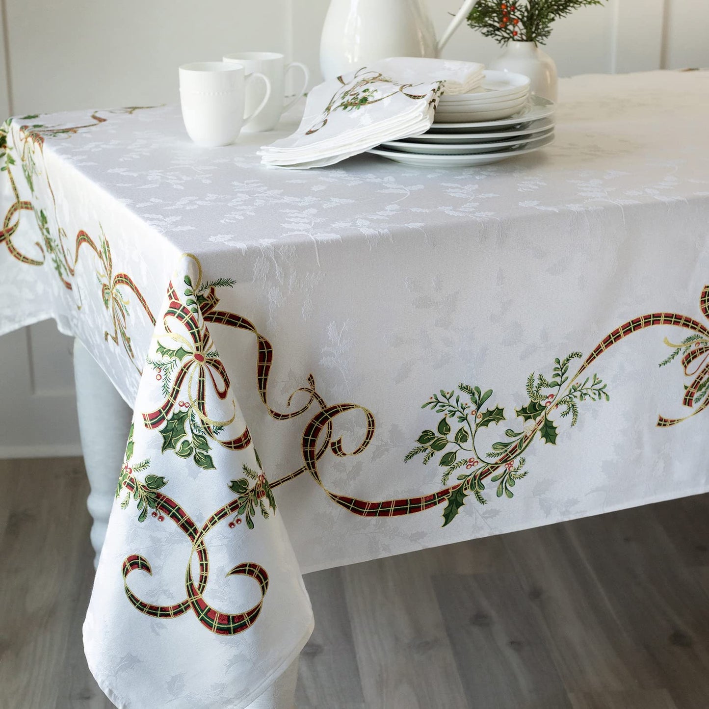 Benson Mills Heavyweight Engineered Printed Jacquard Fabric Christmas Table Cloth, for Holiday, Winter, and Christmas Tablecloth (Merry Ribbons, 60" x 104" Rectangular)